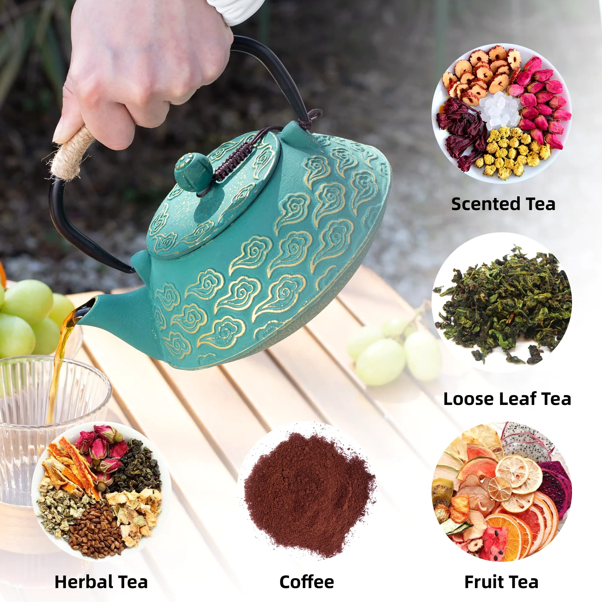 Théière japonaise en fonte avec infuseur pour feuilles en vrac, qui va sur la cuisinière, avec revêtement intérieur émaillé, motif nuages, 800 ml, vert
