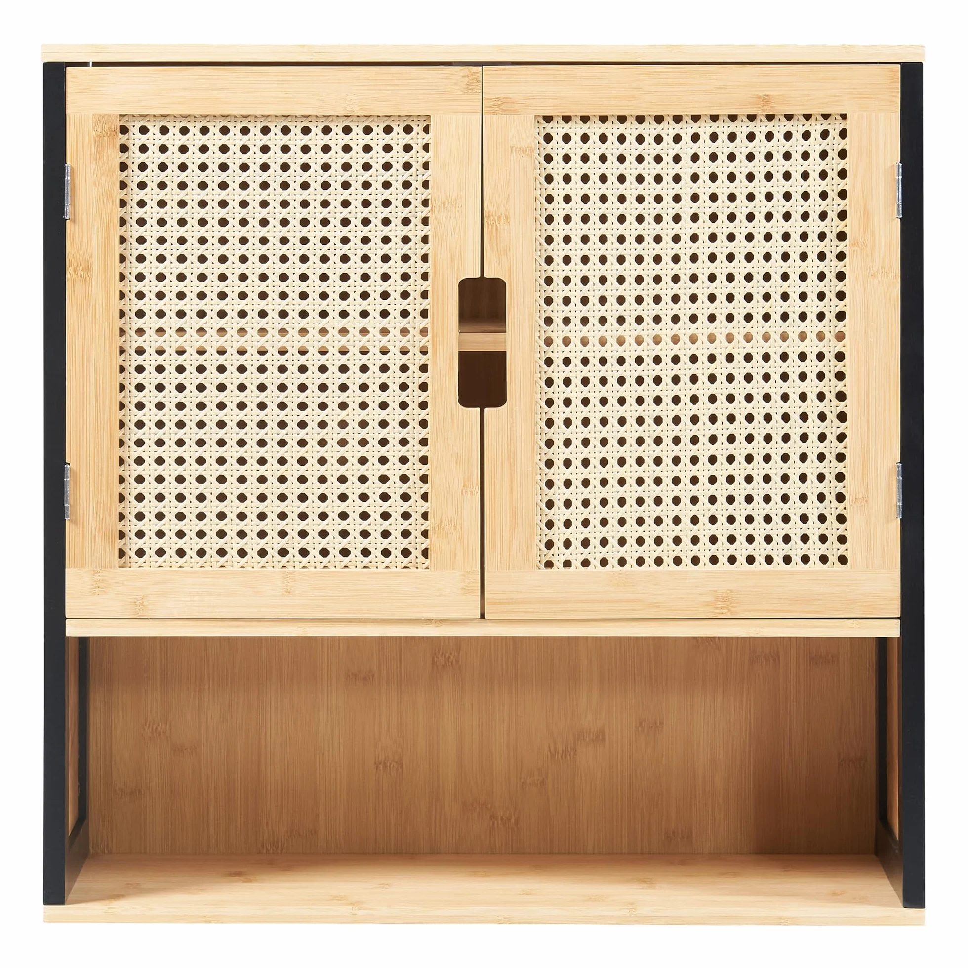 [en.casa] Armoire Murale de Salle de Bain Placard Suspendu avec 2 Portes et 2 Étagères Meuble de Rangement Flottant MDF Bambou 60 x 60 x 20 cm Noir Naturel Effet Rotin