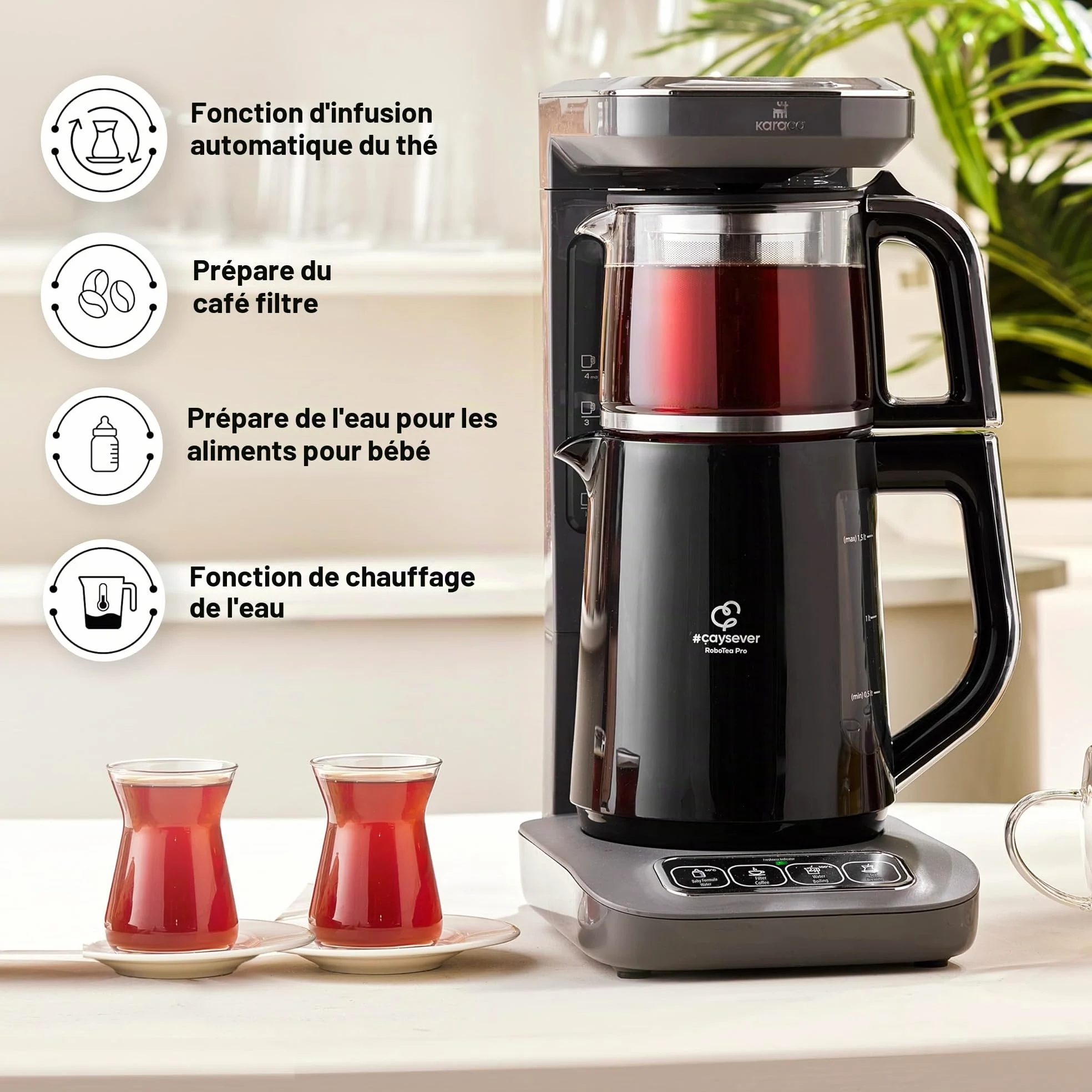 Karaca Caysever Robotea Pro 4-en-1 Theiere Electrique Automatique, Machine à Café Filtré, Bouilloire à Thé, Theiere avec Infuseur, 2500W, Gris Espace