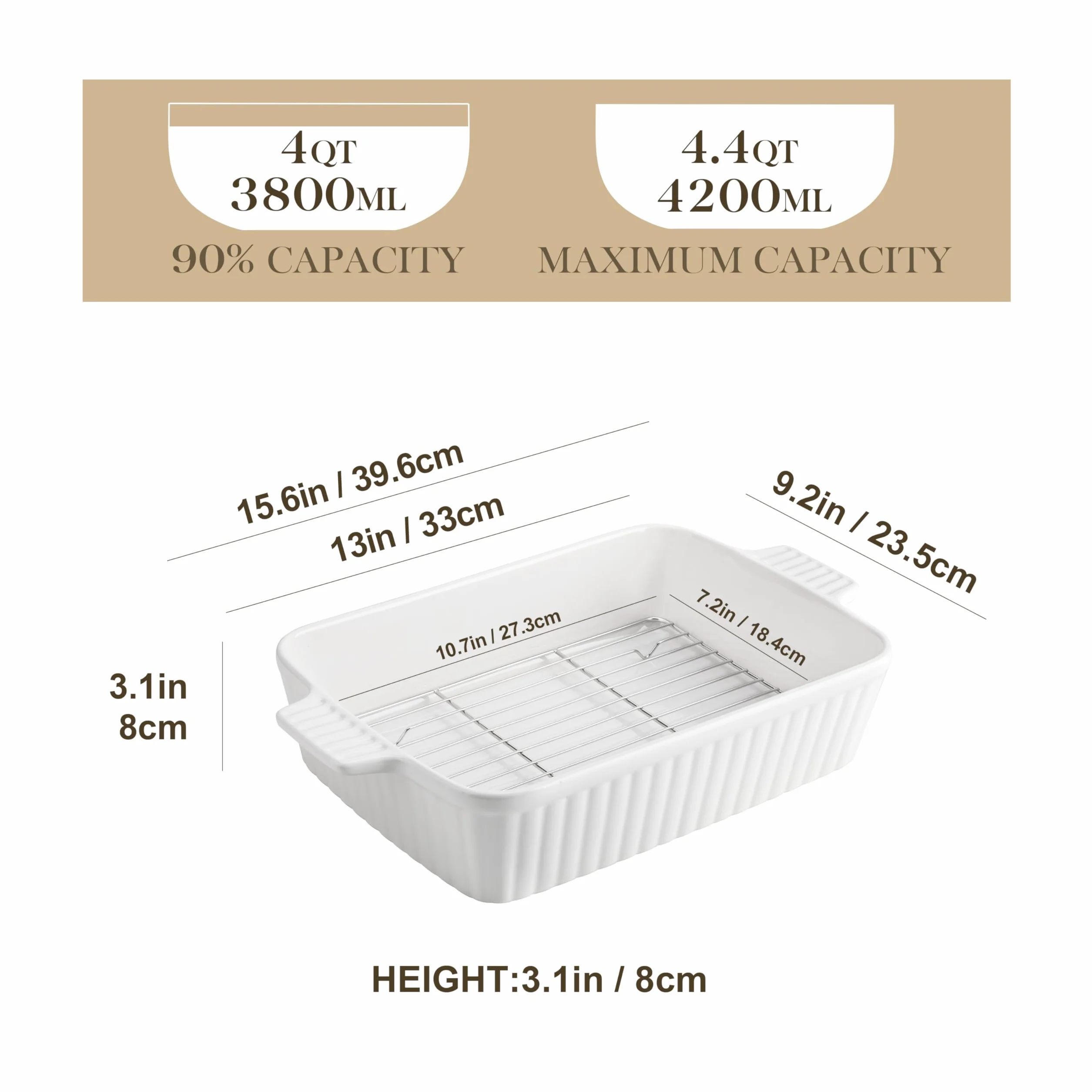 MALACASA Série BAKE, Plat à Four Rectangulaire en Porcelaine avec Grille 4200ml, Grand Plat de Cuisson avec Poignées pour Gratins et Casseroles, Compatible Lave-vaisselle, Blanc