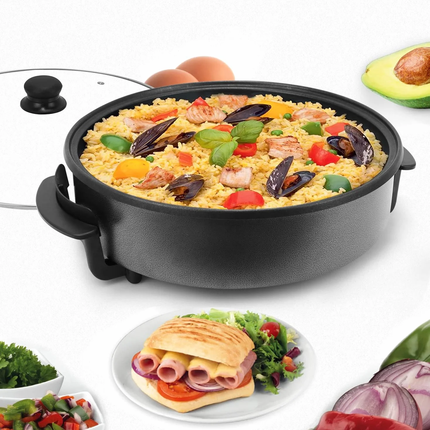 Poêle Multifonctionnelle 30x7 cm, 5,6 Litres Poêle Électrique avec Couvercle 1500W Poêle Électrique à Pizza (42CM)