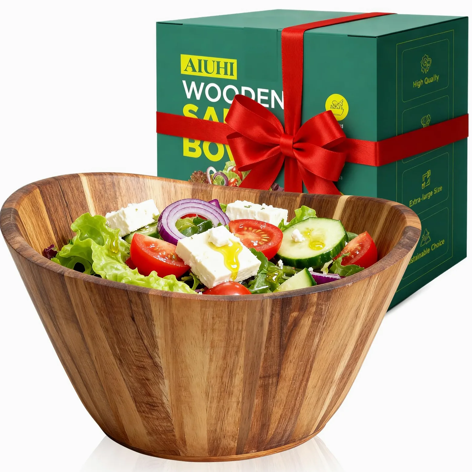 AIUHI Saladier de service en bois d'acacia 12" — veinage magnifique, parfait pour les rassemblements de Noël et de Thanksgiving, idéal pour les salades, les collations, le popcorn, solide et durable