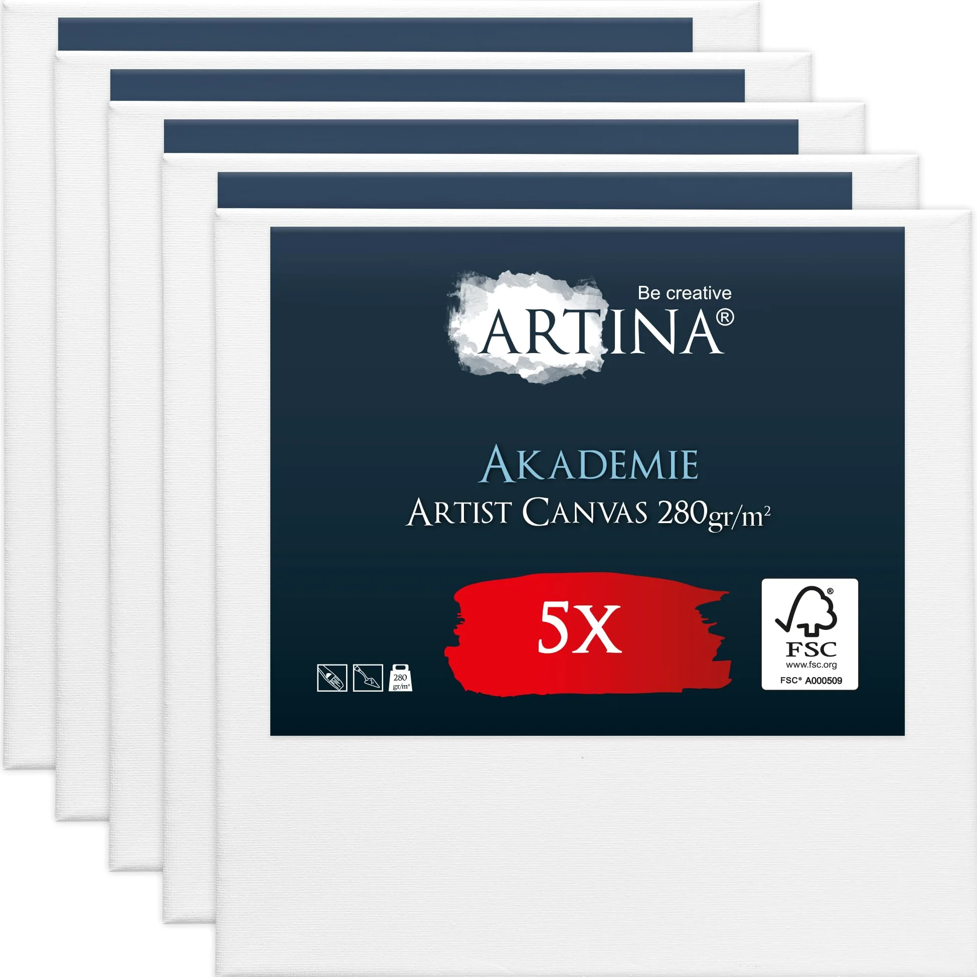 Artina Set de 5 Canvas Toile Peinture Grand Format 80x80 cm – Tableau Peinture Châssis Entoilés en Bois FSC© – Tableau Toile a Peindre Blanche 100% Coton 280g/m² – Toiles à Peindre Stable Akademie