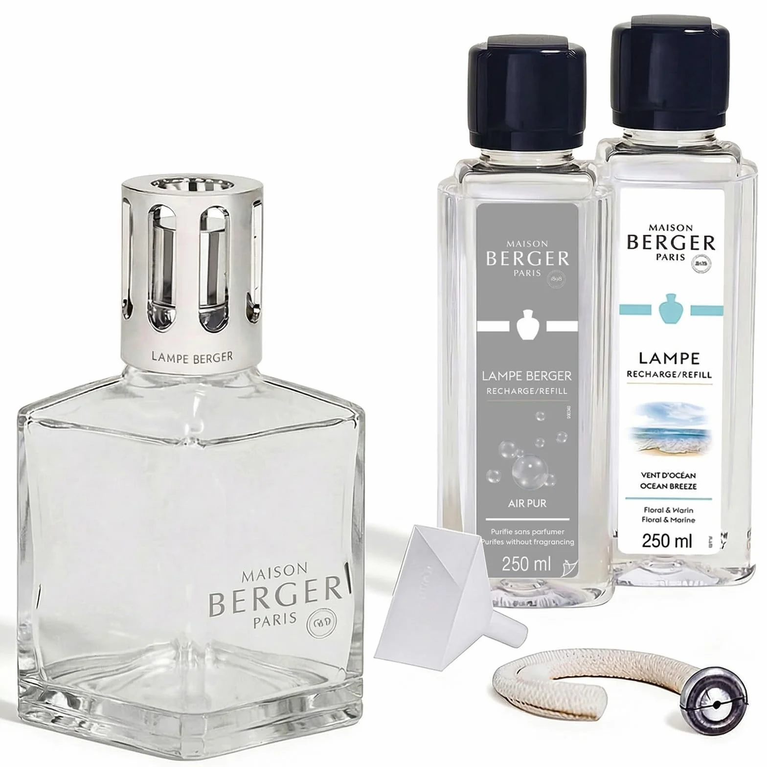 Maison Berger – Coffret Lampe Berger Essentielle Carrée avec 2 Recharges 250 ml Incluses – Air Pur & Vent d’Océan – Lampe à Catalyse - Purifier et Parfumer l’Air – Diffusion Fine et Homogène