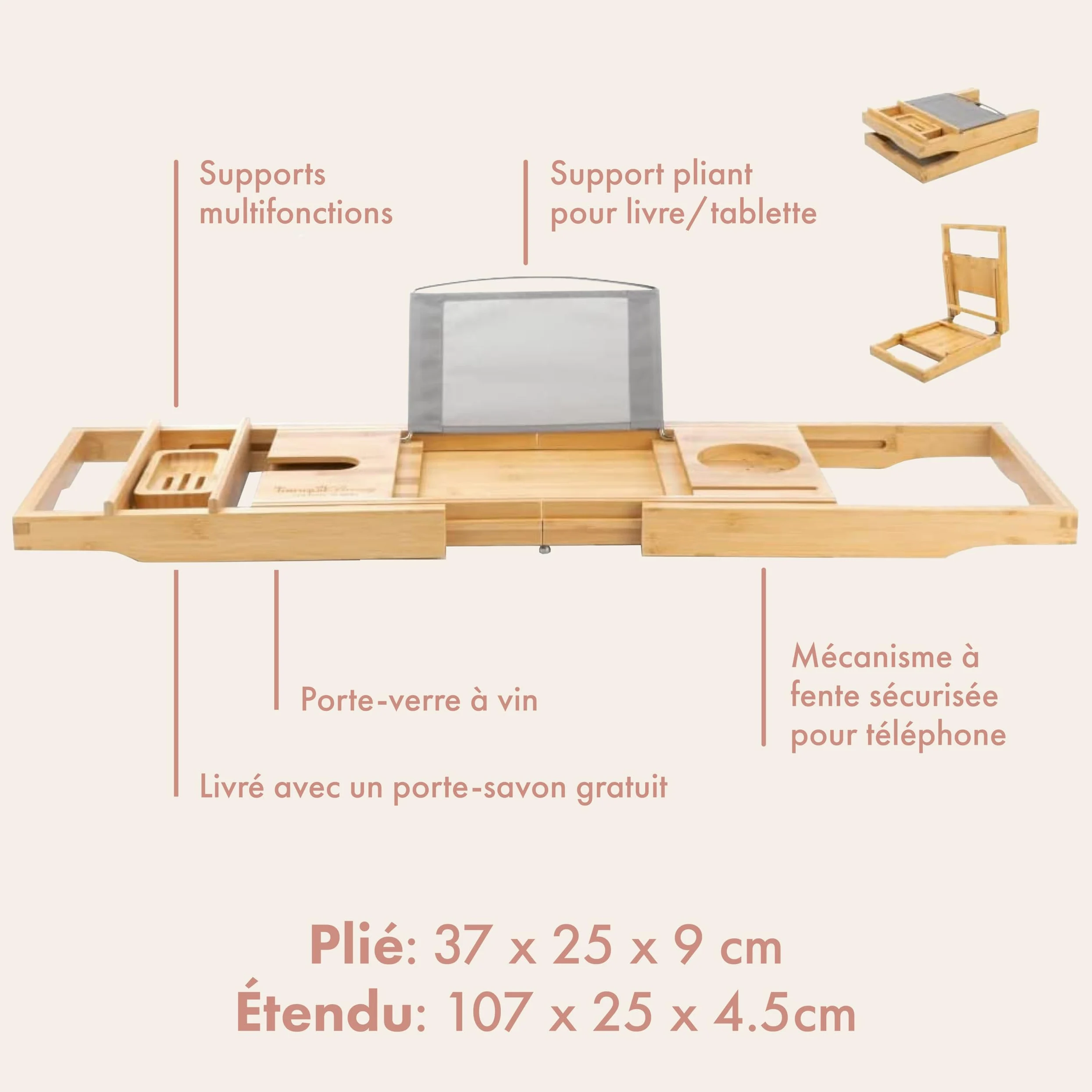 TranquilBeauty Panier de Bain Extensible | Plateau de Bain réglable avec Porte-vin en Bambou Naturel Durable | Planche de Bain en Bois de Luxe avec Support pour iPad, Tablette et téléphone