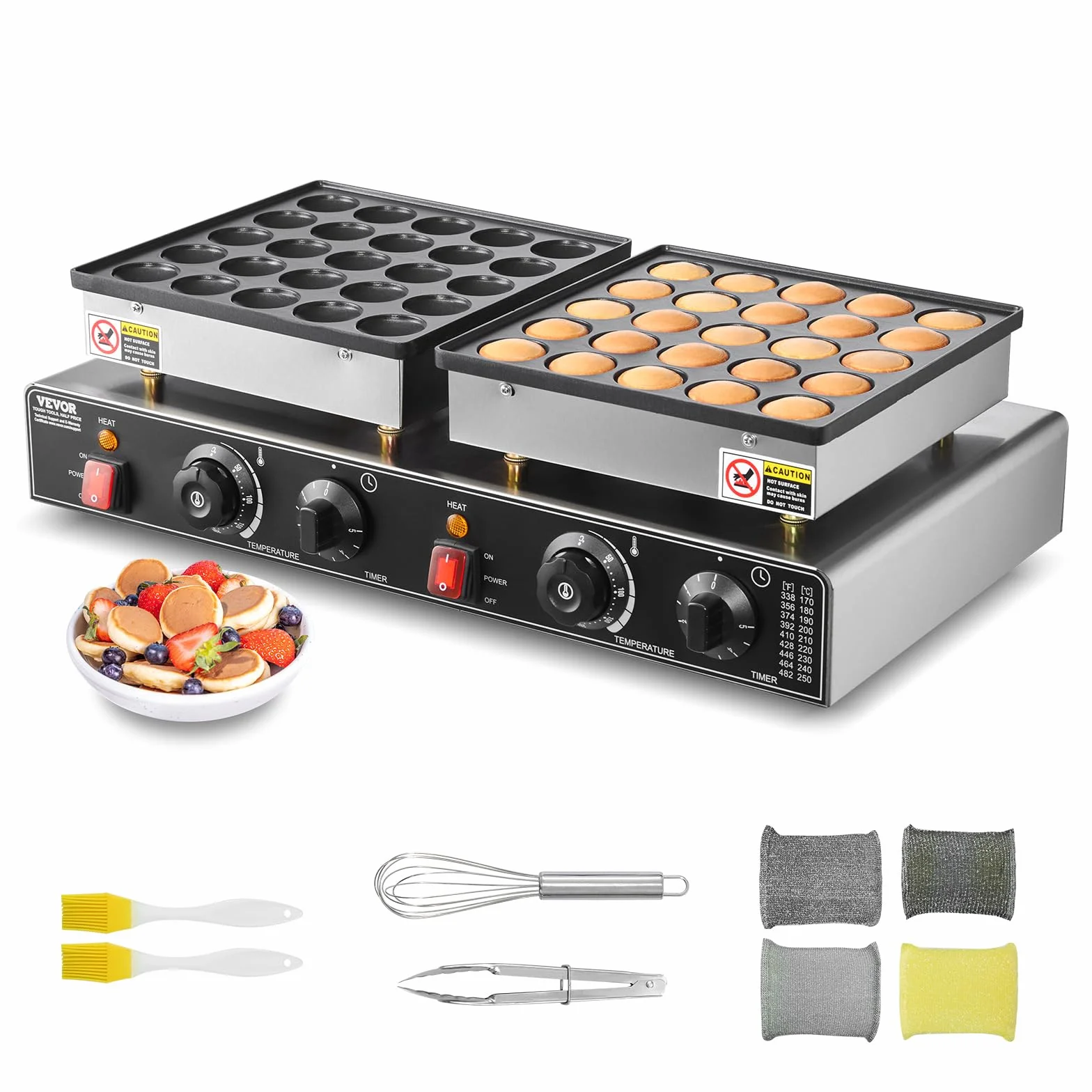 VEVOR Mini-crêpières hollandaises antiadhésives en acier inoxydable, 50 pcs, machine à crêpes Dorayaki électrique commerciale 1800 W, température et temps réglable, pour cuisine, restaurant, dessert