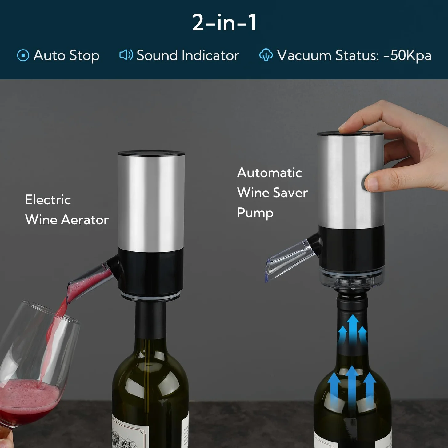 KITCHENDAO Aérateur de vin électrique rechargeable et pompe à vin, bec verseur automatique avec câble USB-C, base de rangement et 2 bouchons, indicateur sonore intégré
