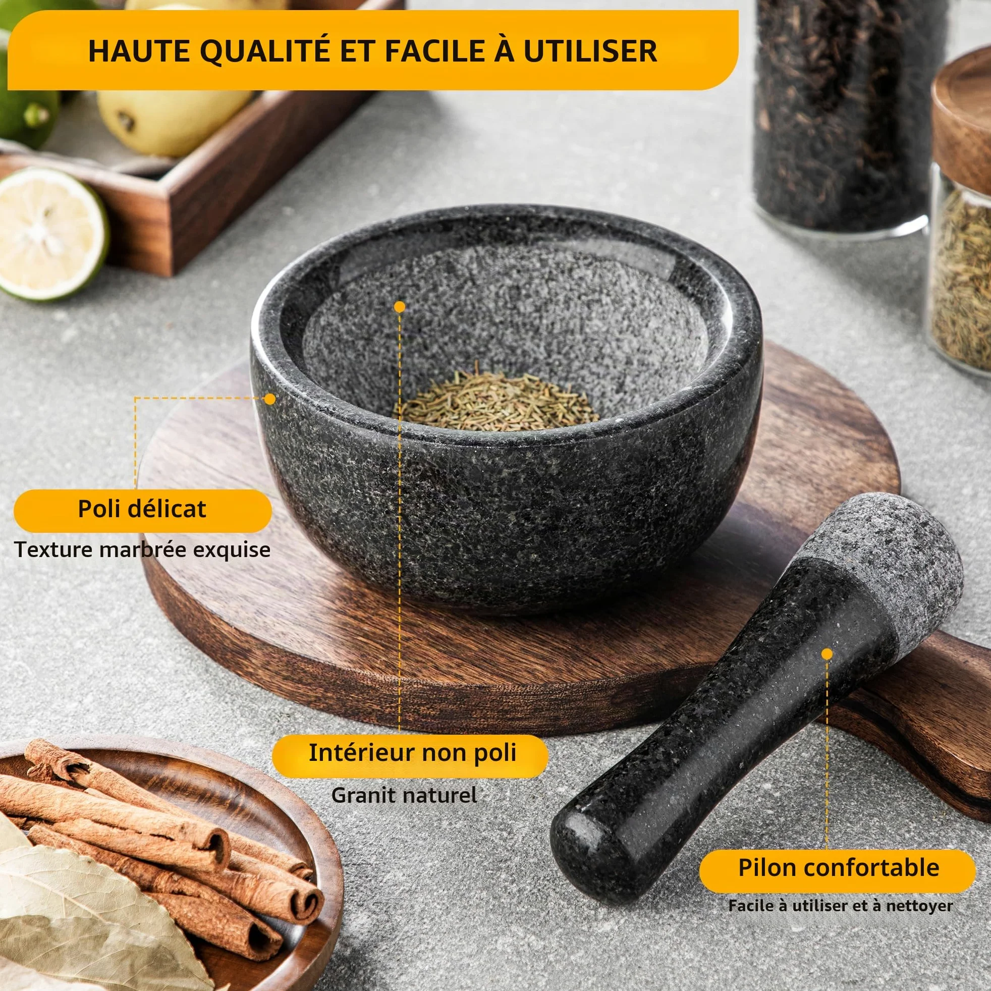 Velaze Mortier et Pilon Cuisine en Granit, pour Epices et Herbes, Diamètre de 16cm, Emsemble de Mortier, Poli Pierre Naturelle