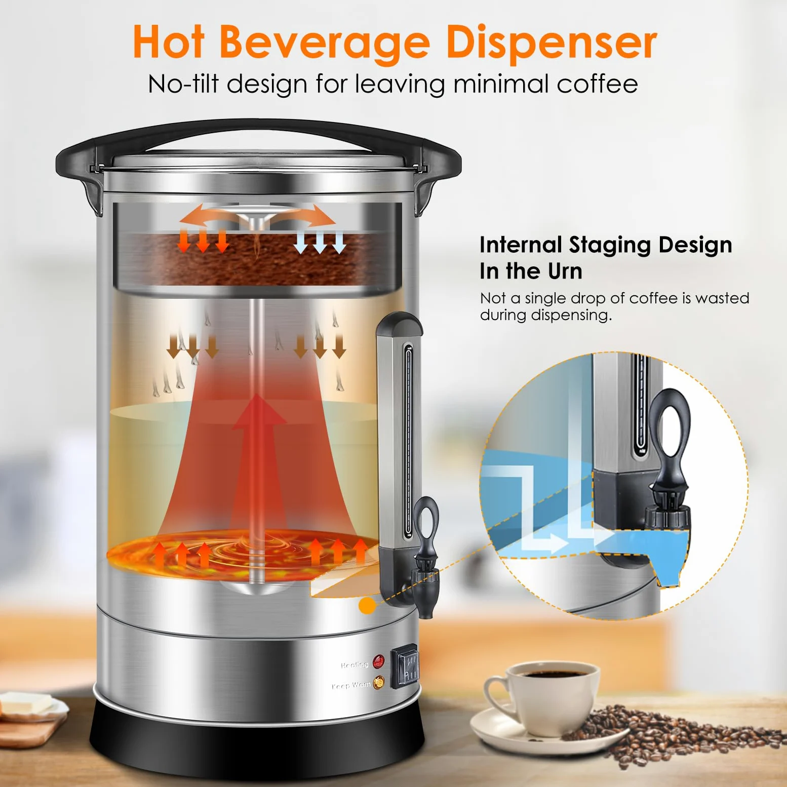 Homtone percolateur à café 120 tasses/18L à double paroi, percolateur industriel avec filtre rond et robinet, distributeur d'Eau Chaude pour Café, Thé, 1500W (Argent)