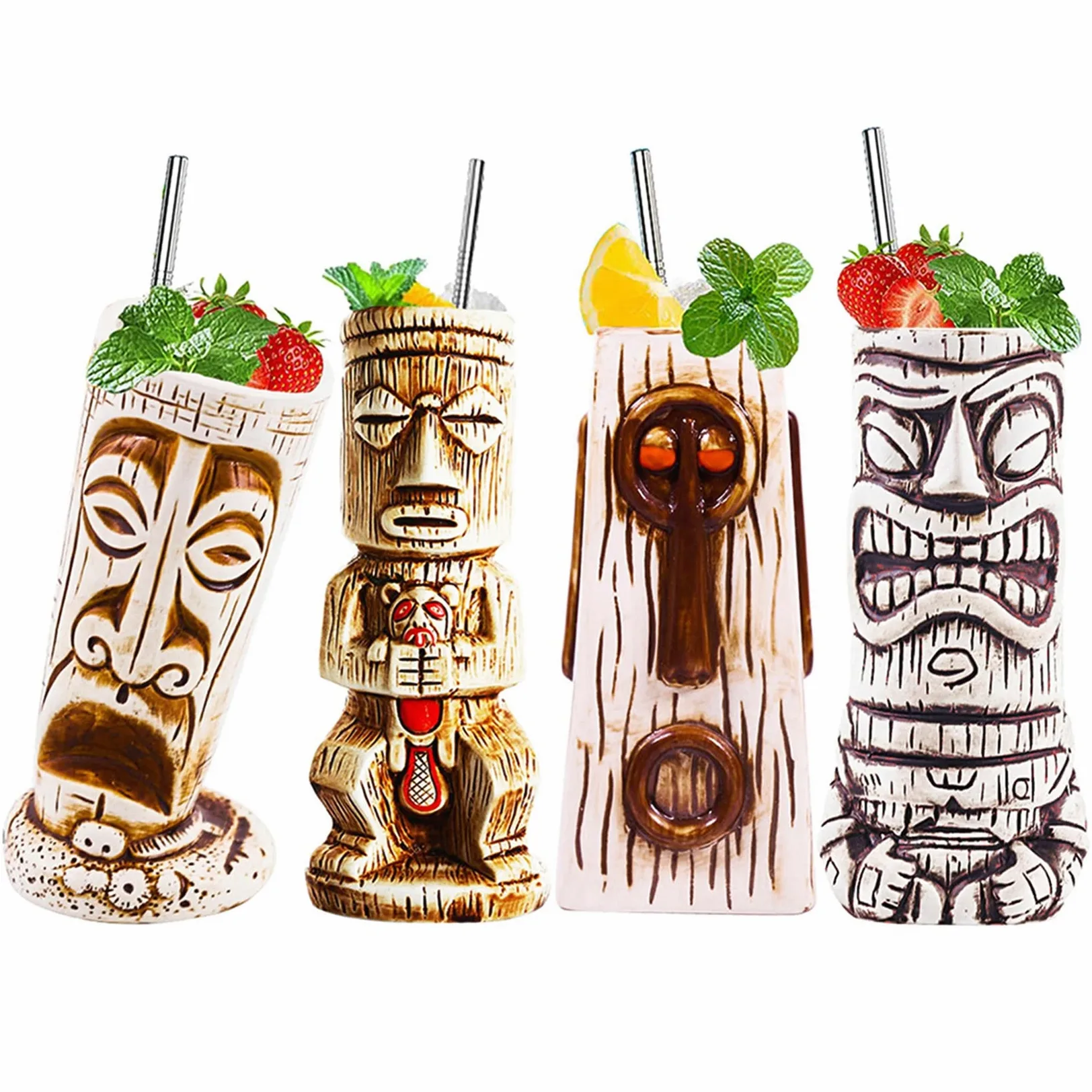tiki Cocktails Tiki Mugs Ensemble de 4 Tasses à Cocktail en Céramique Verres à Cocktail Exotiques Tiki Bar Professionnel Hawaiian Party Barware tiki mug reutilisable,Beige