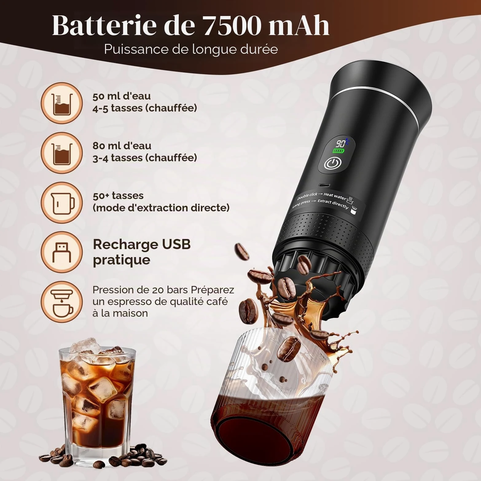 Machine à expresso portable, machine à café électrique 3 en 1, machine à café de camping, mini auto-chauffante compatible avec le café moulu et les capsules de café
