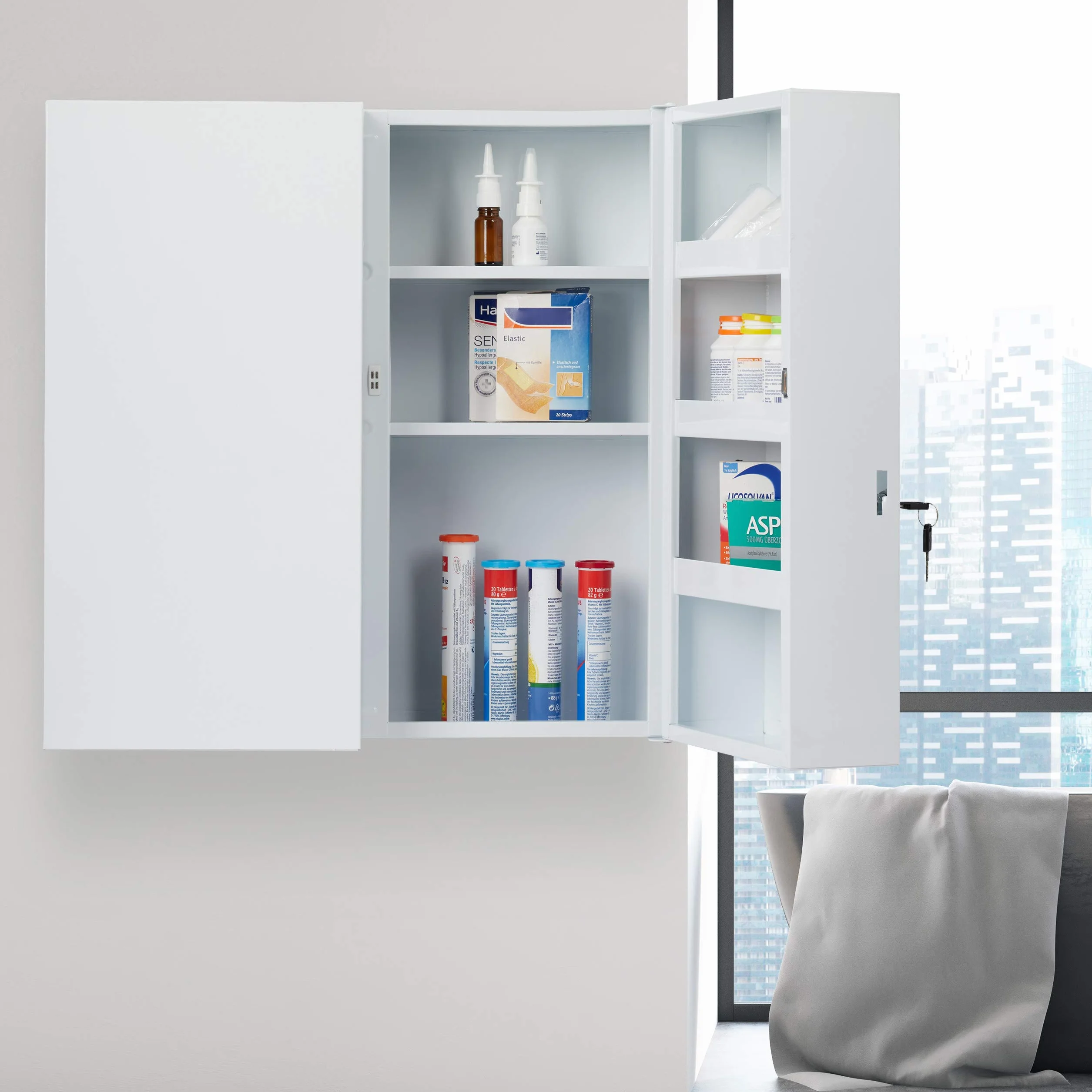 Relaxdays Armoire à Pharmacie XXL, Buffet médicaments à Deux Portes, en Acier, 11 casiers, verrouillable,53x52,5cm.Blanc
