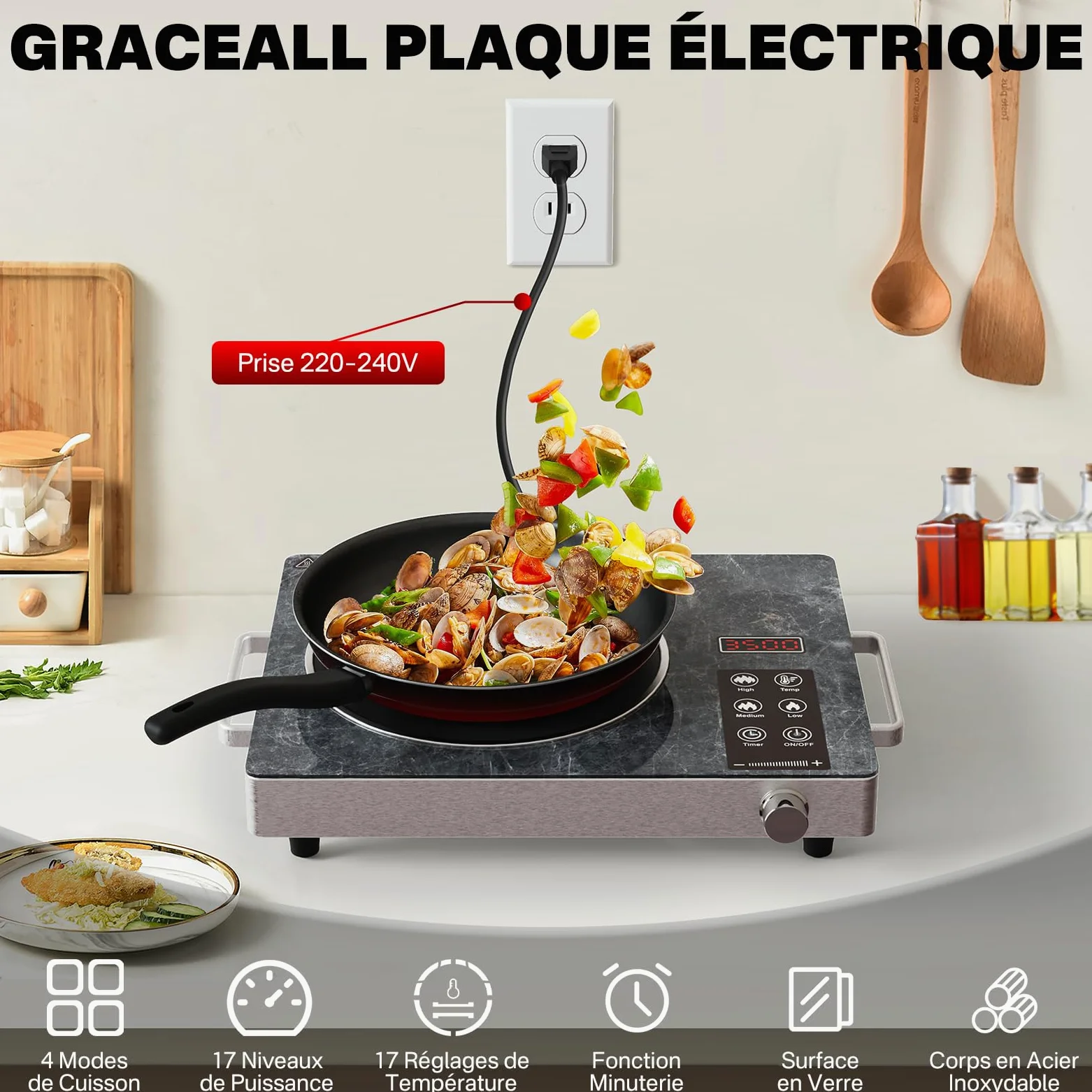 Plaque de Cuisson Électrique 1 Feu, Plaque Vitrocéramique Infrarouge Portable avec Commande Tactile et Bouton Rotatif, Réglage de Température pour Cuisine & Camping, Single-Marble