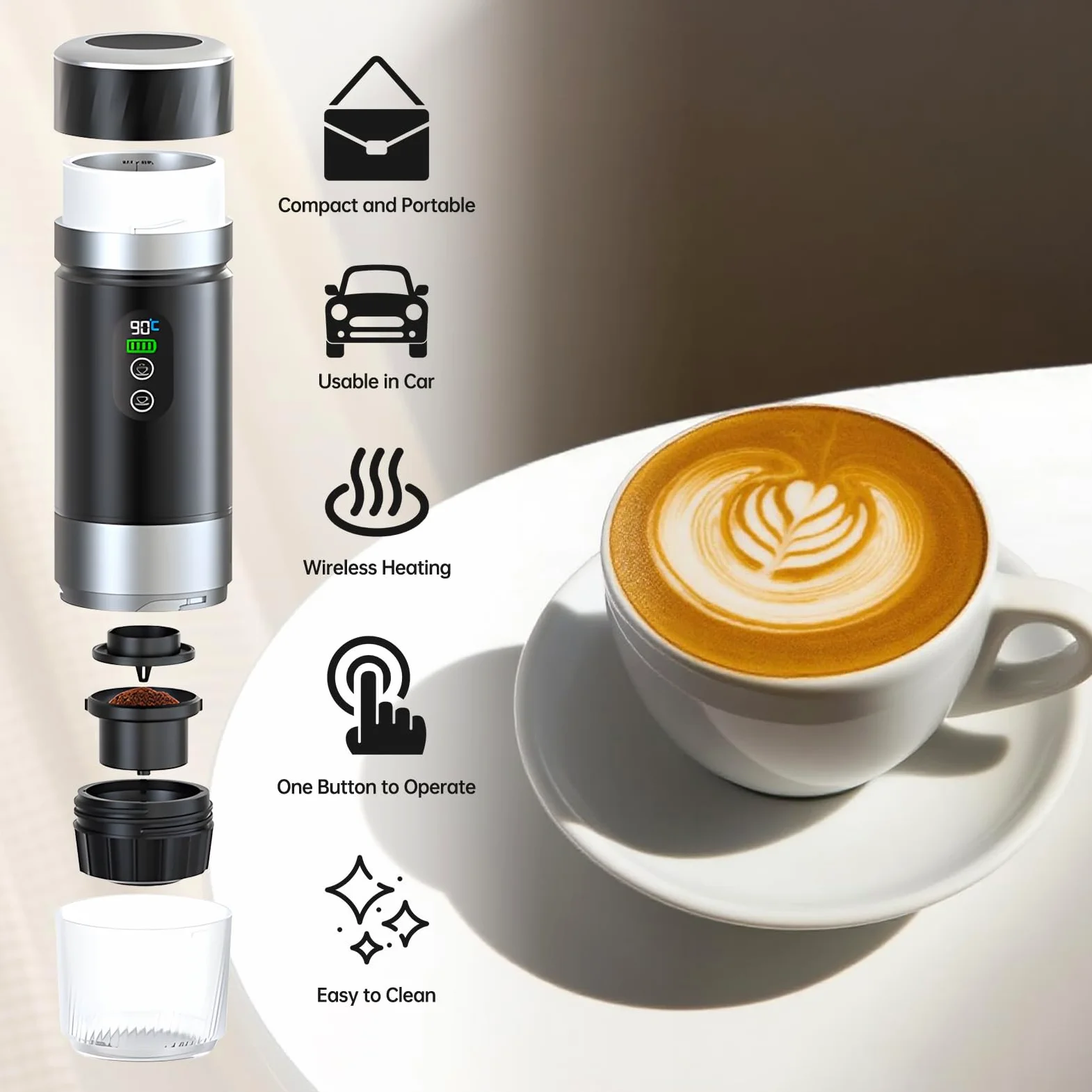 Machine à Café Portative pour Voiture,Cafetière de Voyage avec Chauffage Électrique USB-C,Compatible avec Capsules NS et Café Moulu,80ml Mini Cafetière pour Camping,Bureau et Randonnée