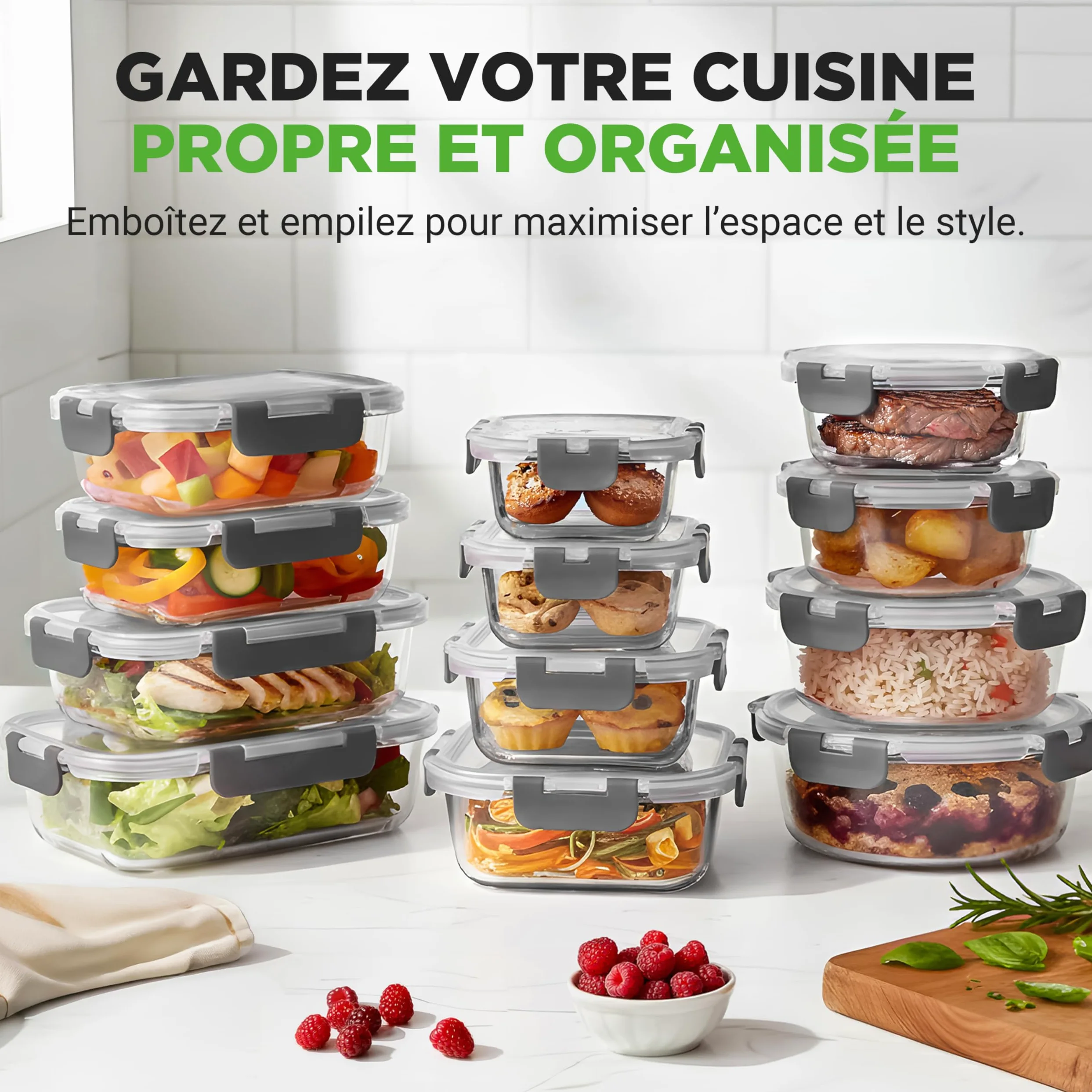 Nutrichef Ensemble de 12 Bocaux en Verre avec Couvercles Hermétiques – Récipients Empilables pour Meal Prep – Boîtes de Rangement Alimentaire en Verre avec Couvercle