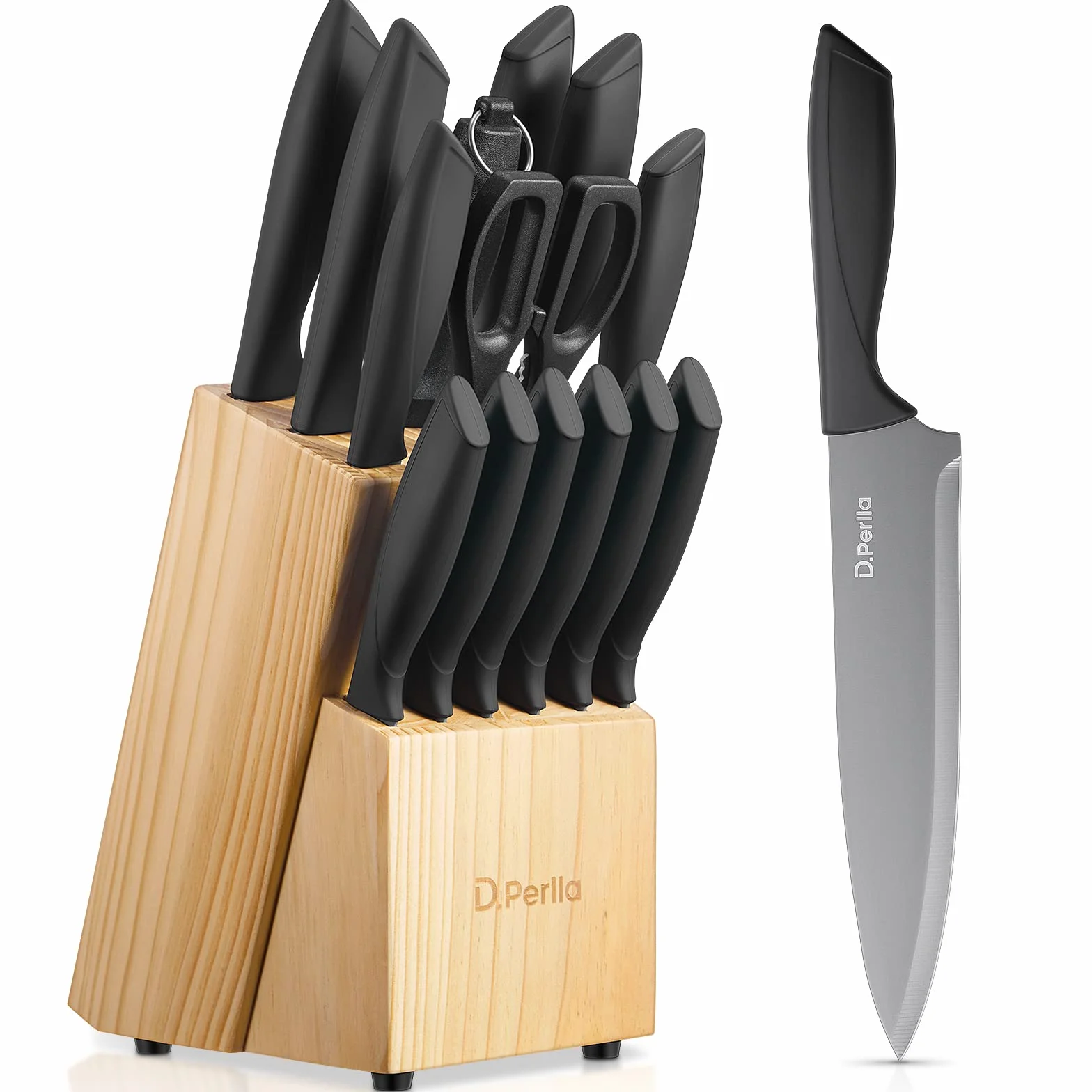 D.Perlla Couteau Cuisine, 15 Pièces Bloc Couteaux Cuisine en Acier Inoxydable, Ensemble de Couteaux Professionnels avec Bloc Couteaux en Bois, Super Aiguisé