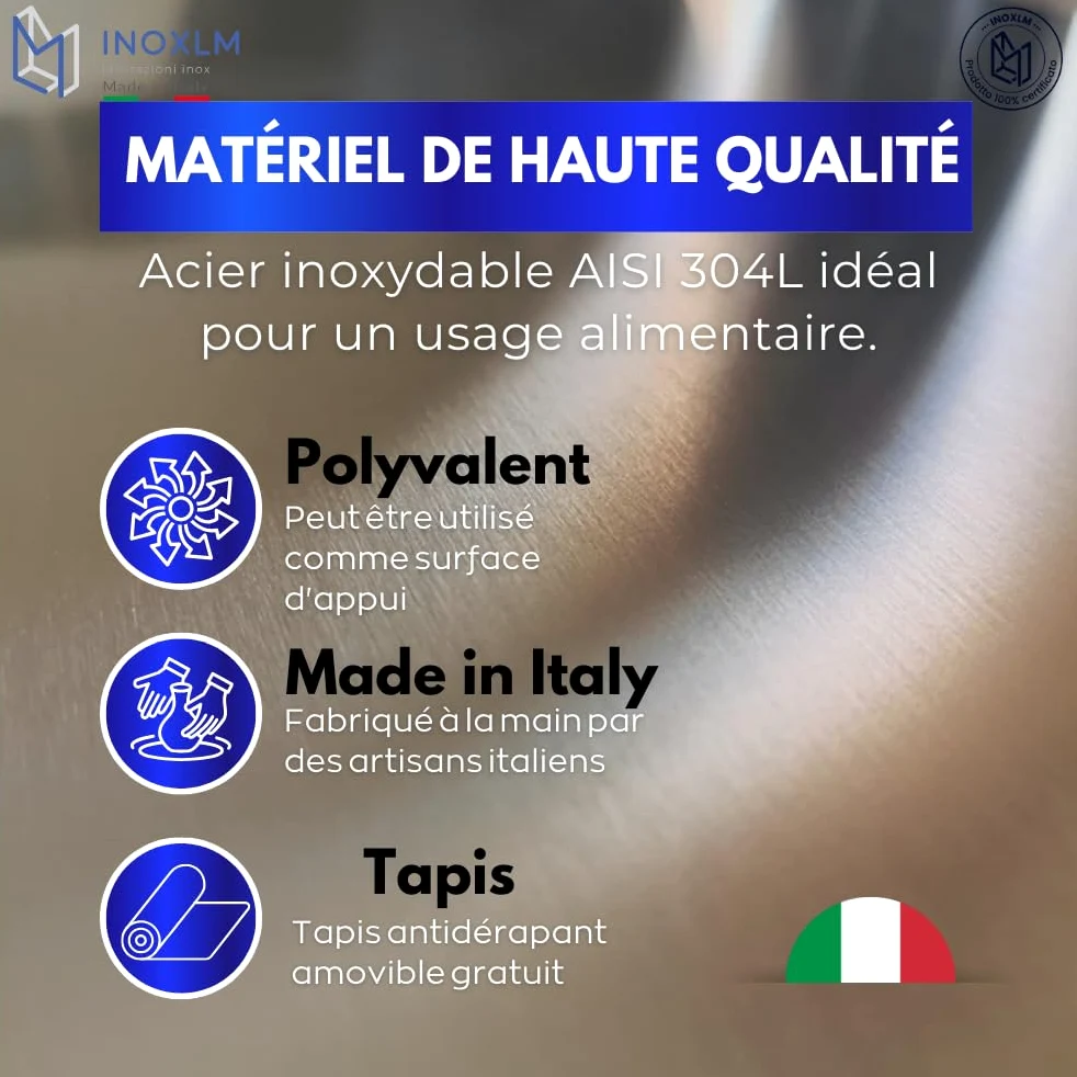INOXLM Plaque Inox Cuisine 60x50cm en acier Inoxydable, Planche a decouper inox différentes tailles pour Cuisine, Bar, Restaurant Planche à Pétrir Inox pour Pain et Pizza(Hauteur 2cm)
