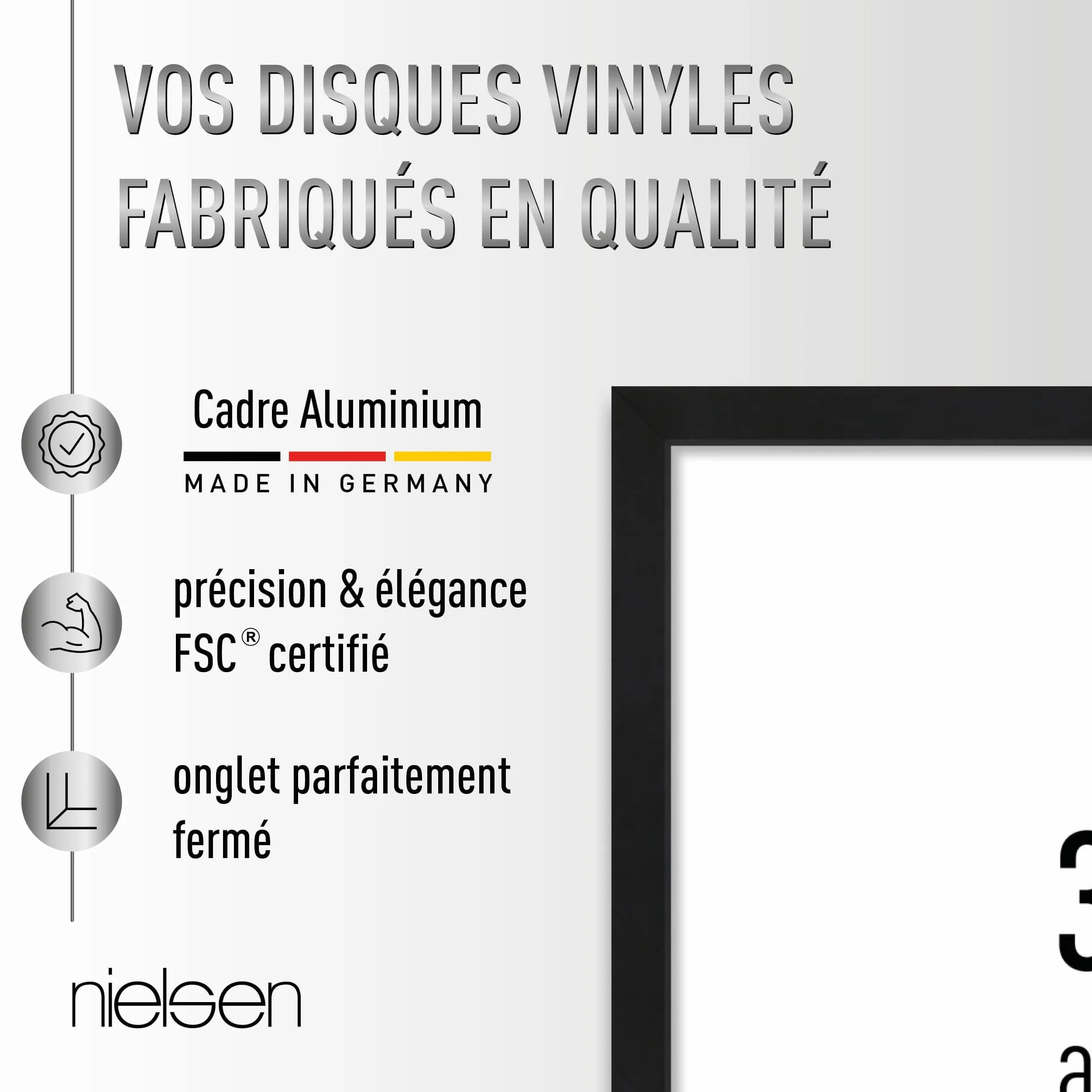 nielsen cadre disque, 31,4 x 31,6 cm, aluminium, Noir mat, cadre vinylepour accrocherau format paysage et portrait, verre synthétique, Vinyl Alu