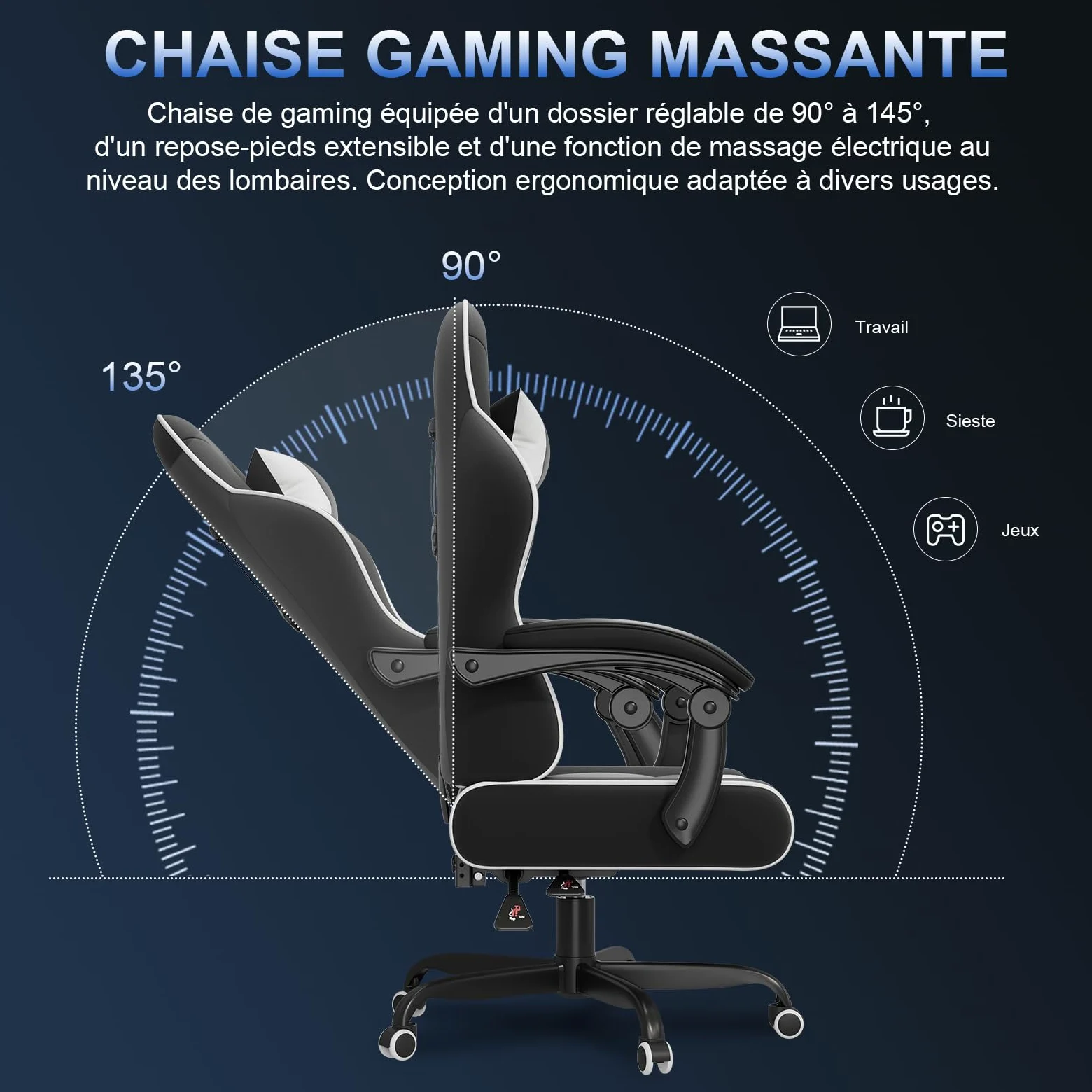 JUMMICO Chaise Gaming avec Massage Lombaire, Chaise Bureau Ergonomique avec Dossier Inclinable, Fauteuil Gaming avec Assise Douce et Résistante, Idéale pour Jeux et Boulot, Blanc