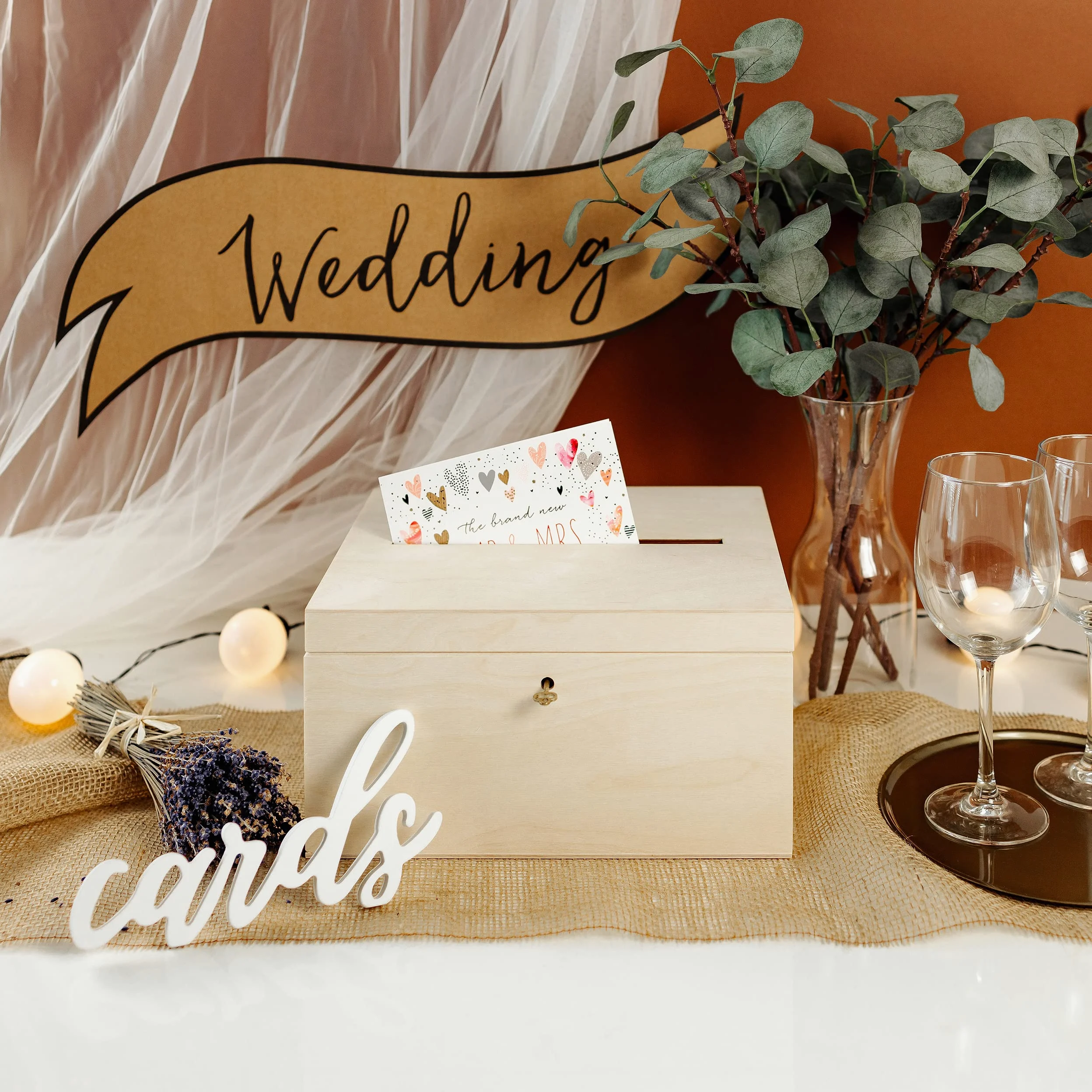 Creative Deco Boite en Bois pour Enveloppes | 29 x 25 x 15 cm | Bois Naturel | avec Couvercle et Clé | Boîte pour Occasions Spéciales | Urne Anniversaire | Mariage | Boite a Souvenirs, Cartes Lettre