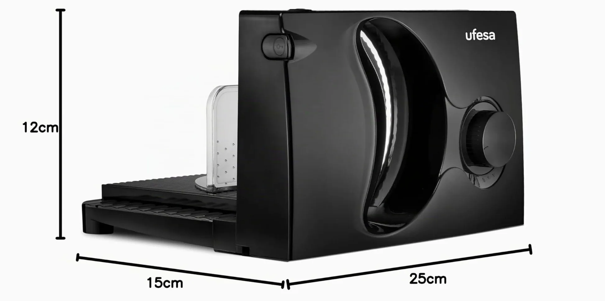 UFESA CF0918 Katana Trancheuse Électrique avec Lame en Acier Inoxydable Amovible, 170mm de Diamètre, Épaisseur Réglable 0 à 15mm, Bouton Sécurité, Base Pliable et Amovible, 150W
