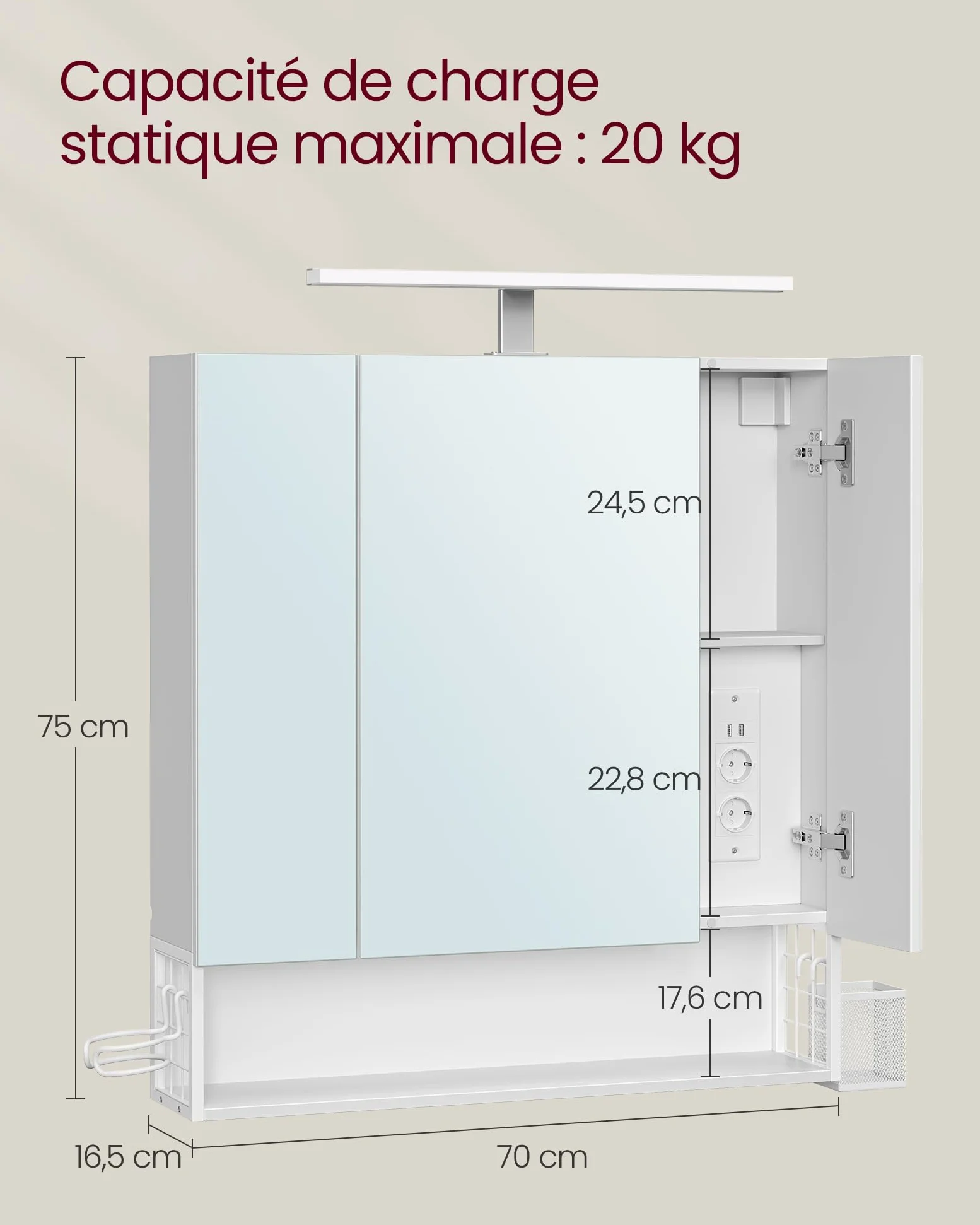 VASAGLE Meuble de Salle de Bain avec Éclairage LED, 16,5 x 70 x 75 cm, Multiprise, Panier Suspendu, Support pour Sèche-Cheveux, pour Salle de Bain, Lavabo, Blanc Nuage BBK126W01
