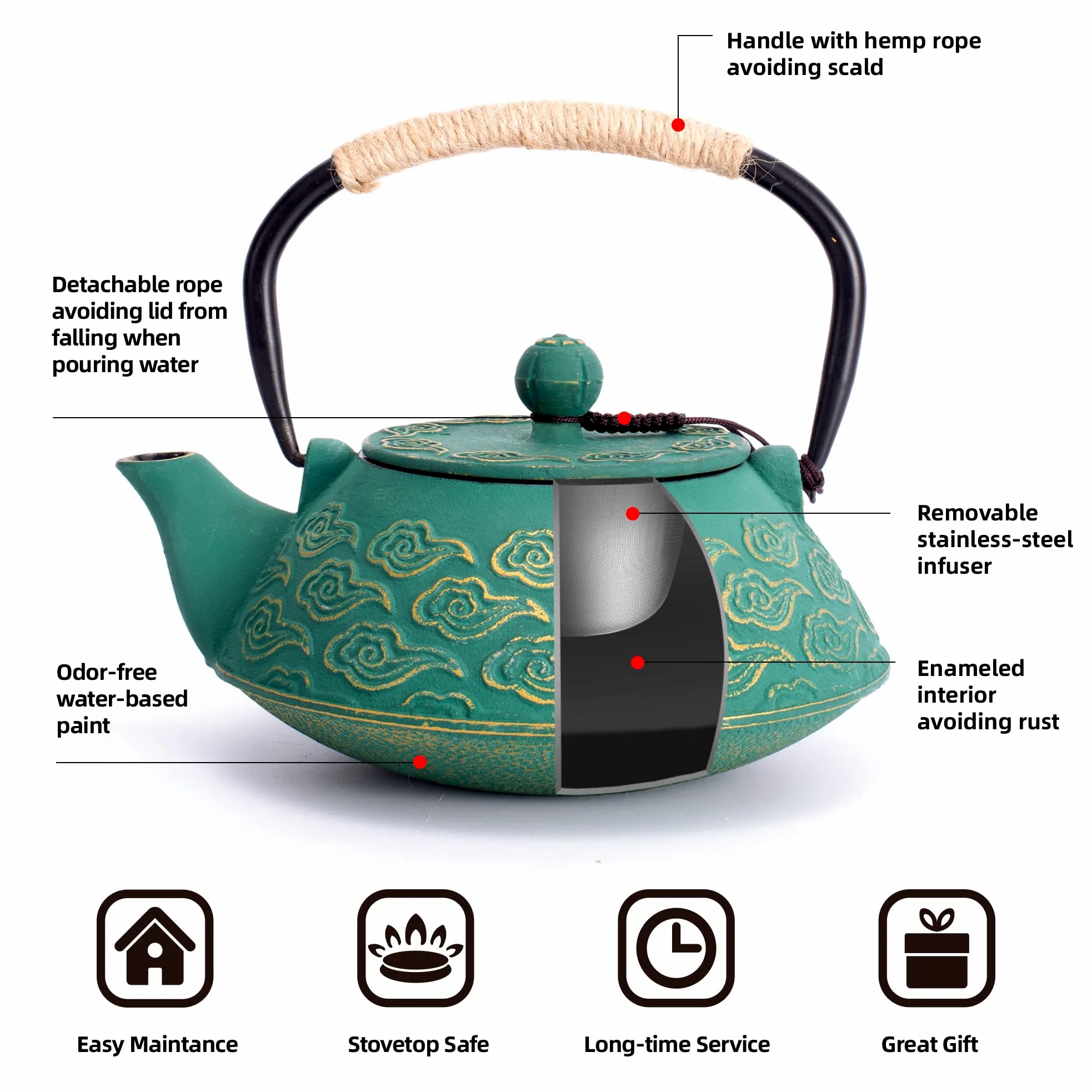 Théière japonaise en fonte avec infuseur pour feuilles en vrac, qui va sur la cuisinière, avec revêtement intérieur émaillé, motif nuages, 800 ml, vert