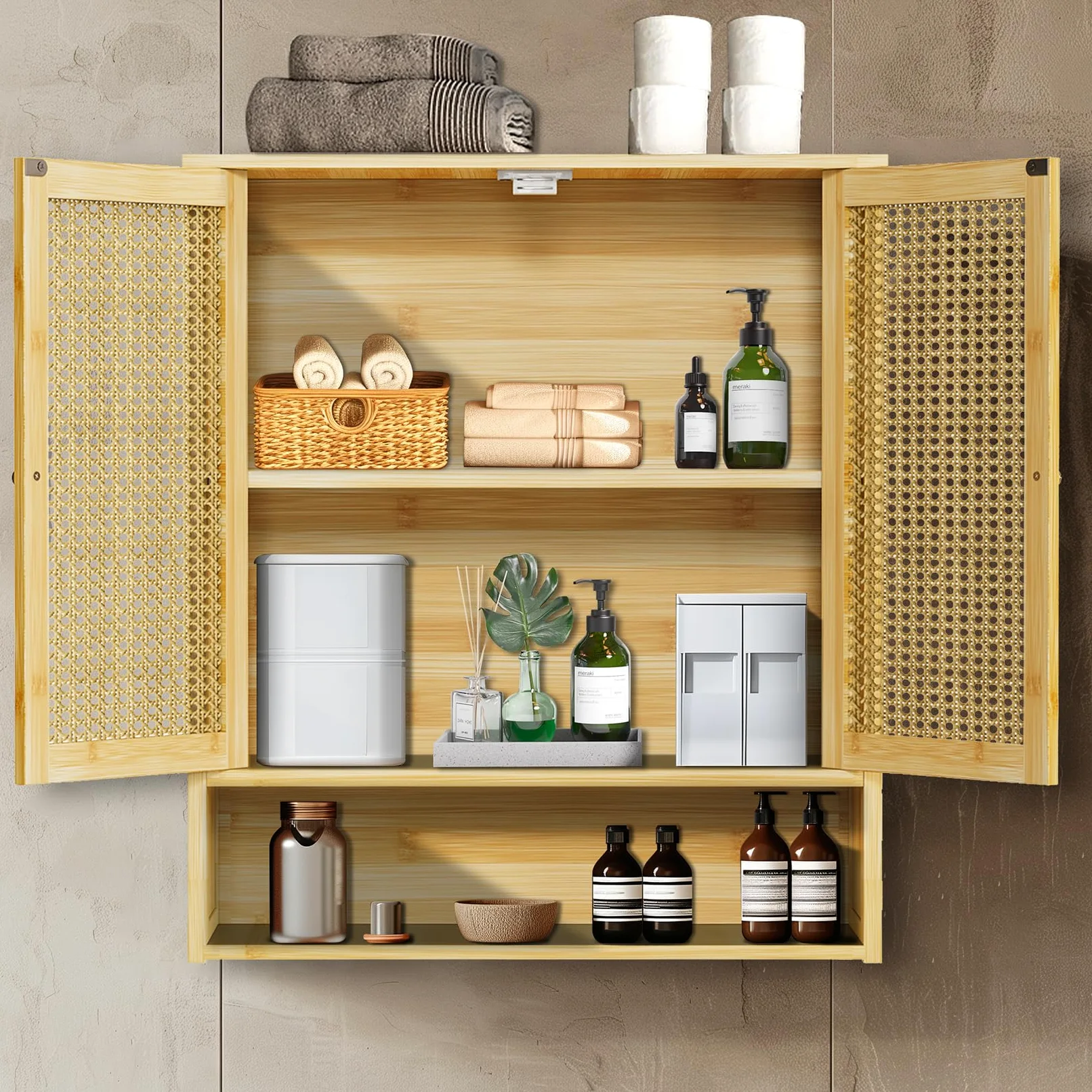 unho Meuble Salle de Bain en Bambou: Armoire WC Mural Rangement de Toilette Suspendu Placard Mural avec Étagère Hauteur Réglable - 59x20.5x66.5cm