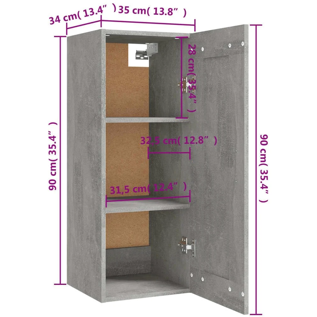 vidaXL Armoire Suspendue Meuble de Rangement Armoire Murale Meuble de Chambre à Coucher Salon Intérieur Gris Béton 35x34x90 cm Bois d'Ingénierie