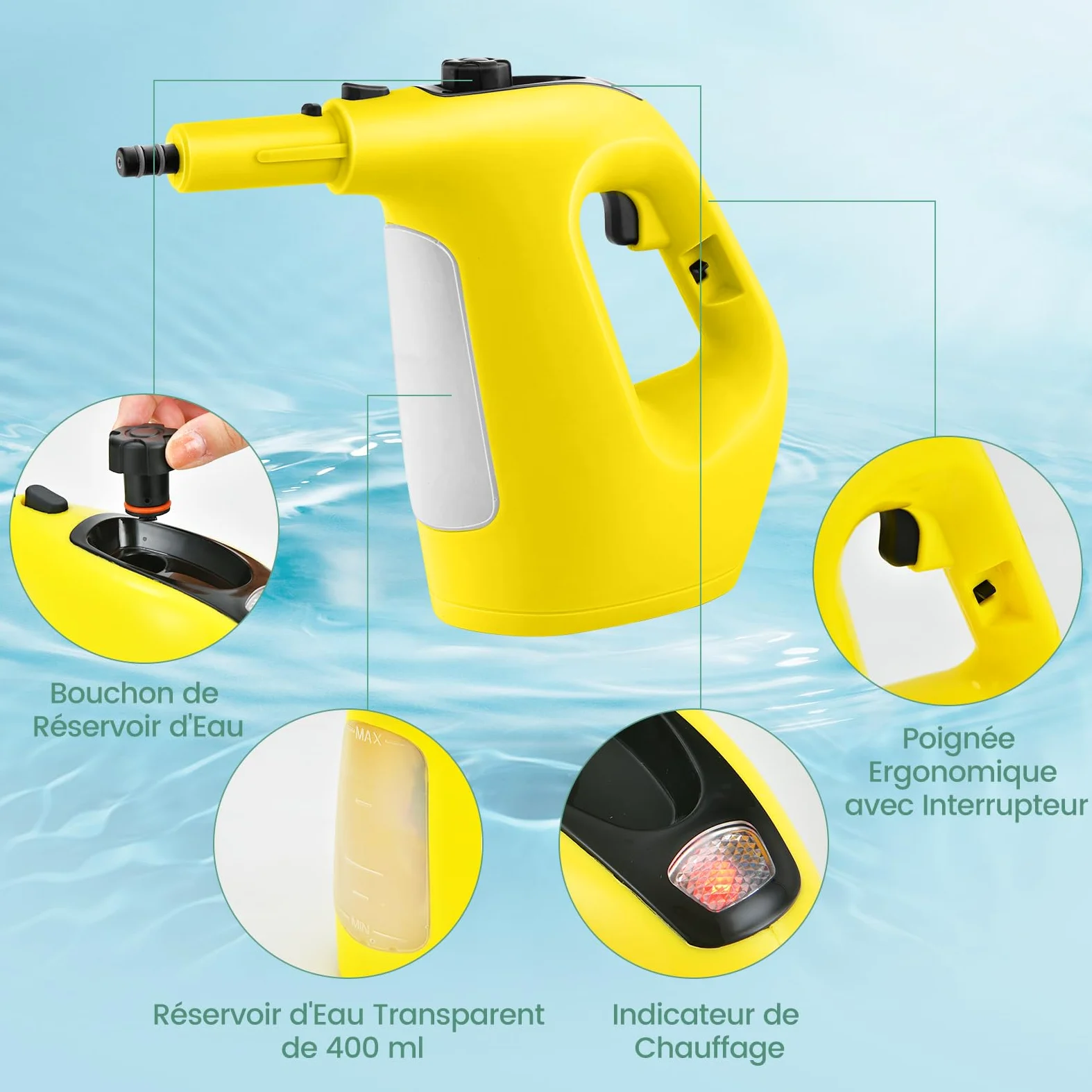 COSTWAY Nettoyeur Vapeur Portatif 1400W avec 14 Accessoires, Balai Vapeur Durée d'Utilisation Illimitée Réservoir d'Eau 400 ml, Nettoyant Vapeur pour Canapé Vitre Plancher Tapis Rideaux (Jaune)