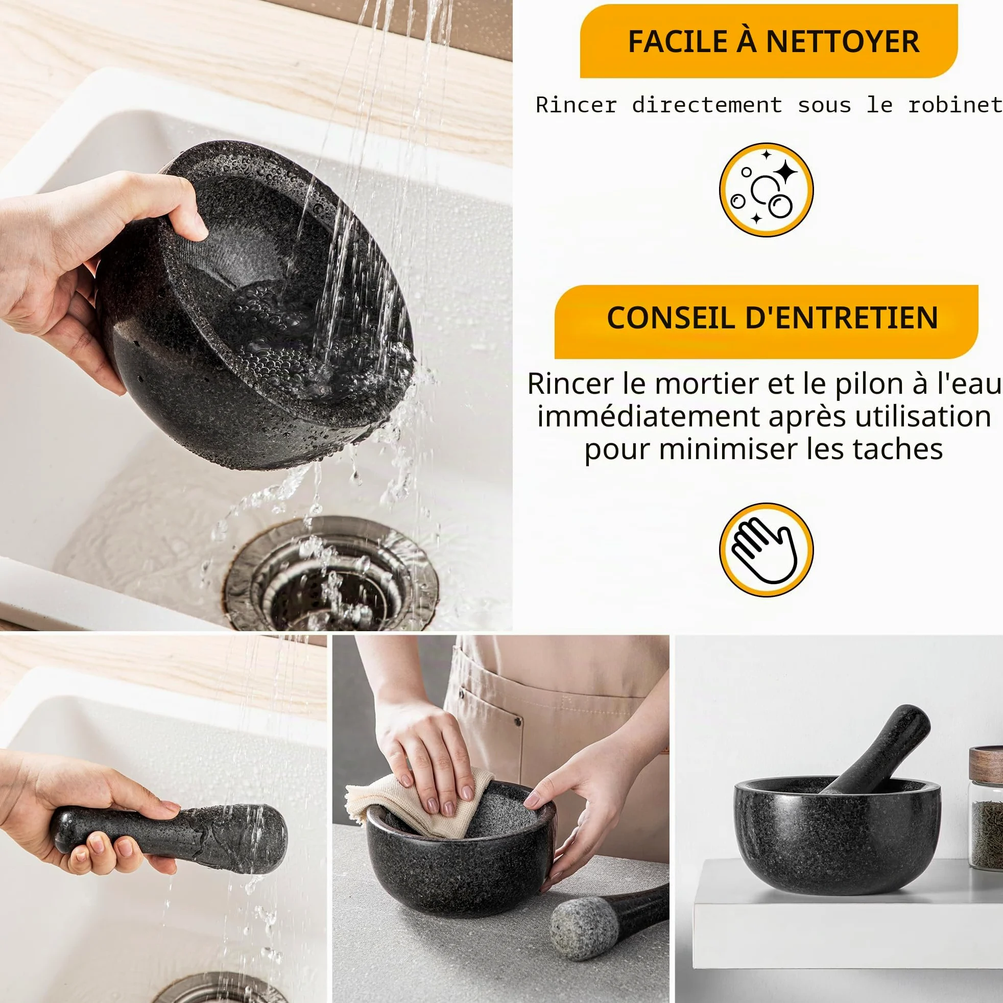 Velaze Mortier et Pilon Cuisine en Granit, pour Epices et Herbes, Diamètre de 16cm, Emsemble de Mortier, Poli Pierre Naturelle