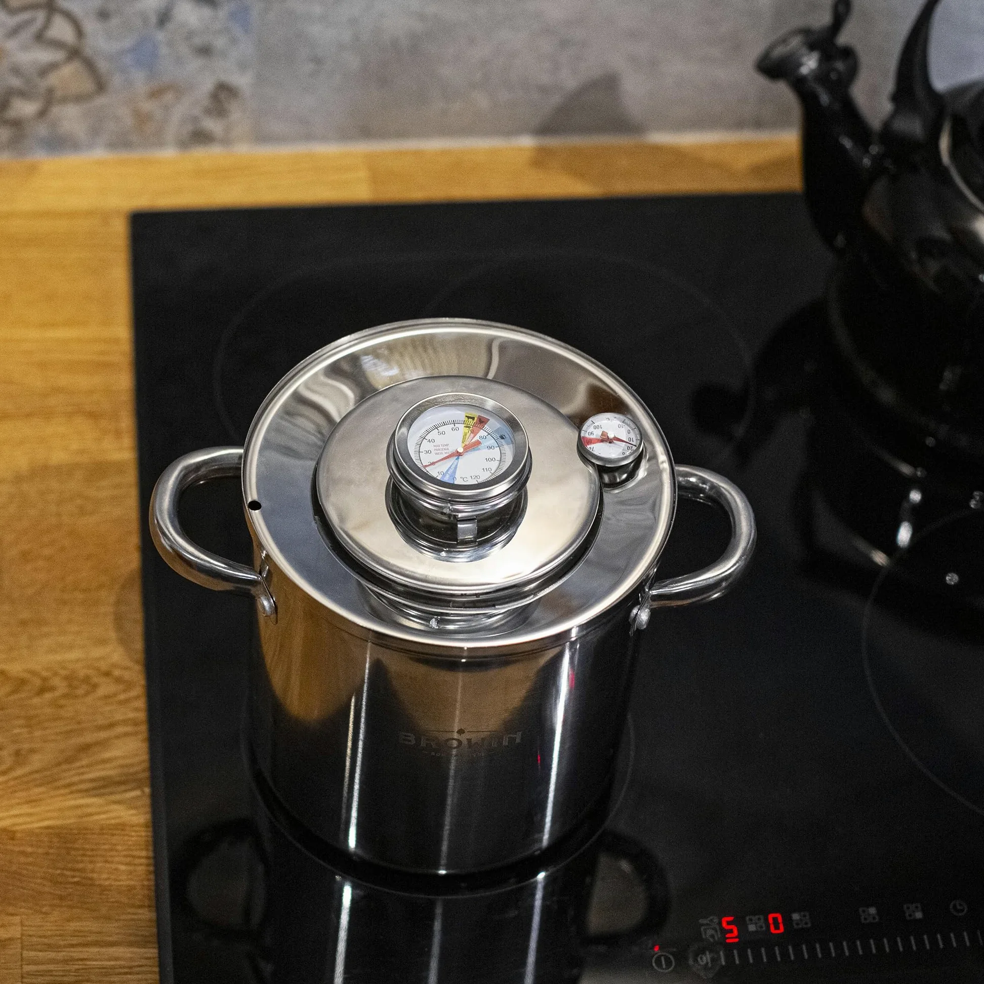 Browin 313016 Kit Complet de 1,5 kg de Réchaud à Jambon Manteau d'eau, avec un Pot de Thermomètre | Pour la Cuisson du Jambon à la Maison | 18/8 en Acier Inoxydable, Argenté