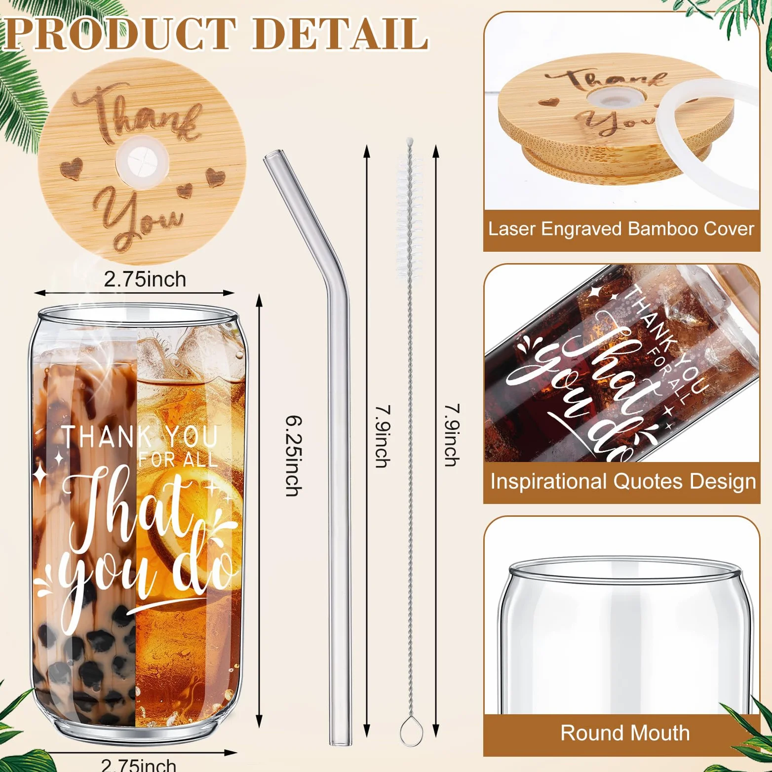 Tioncy Lot de 8 verres à bière en forme de canette de 473,6 g avec couvercles en bambou, pailles, brosses, verres à boire pour femmes, hommes, collègues, membres