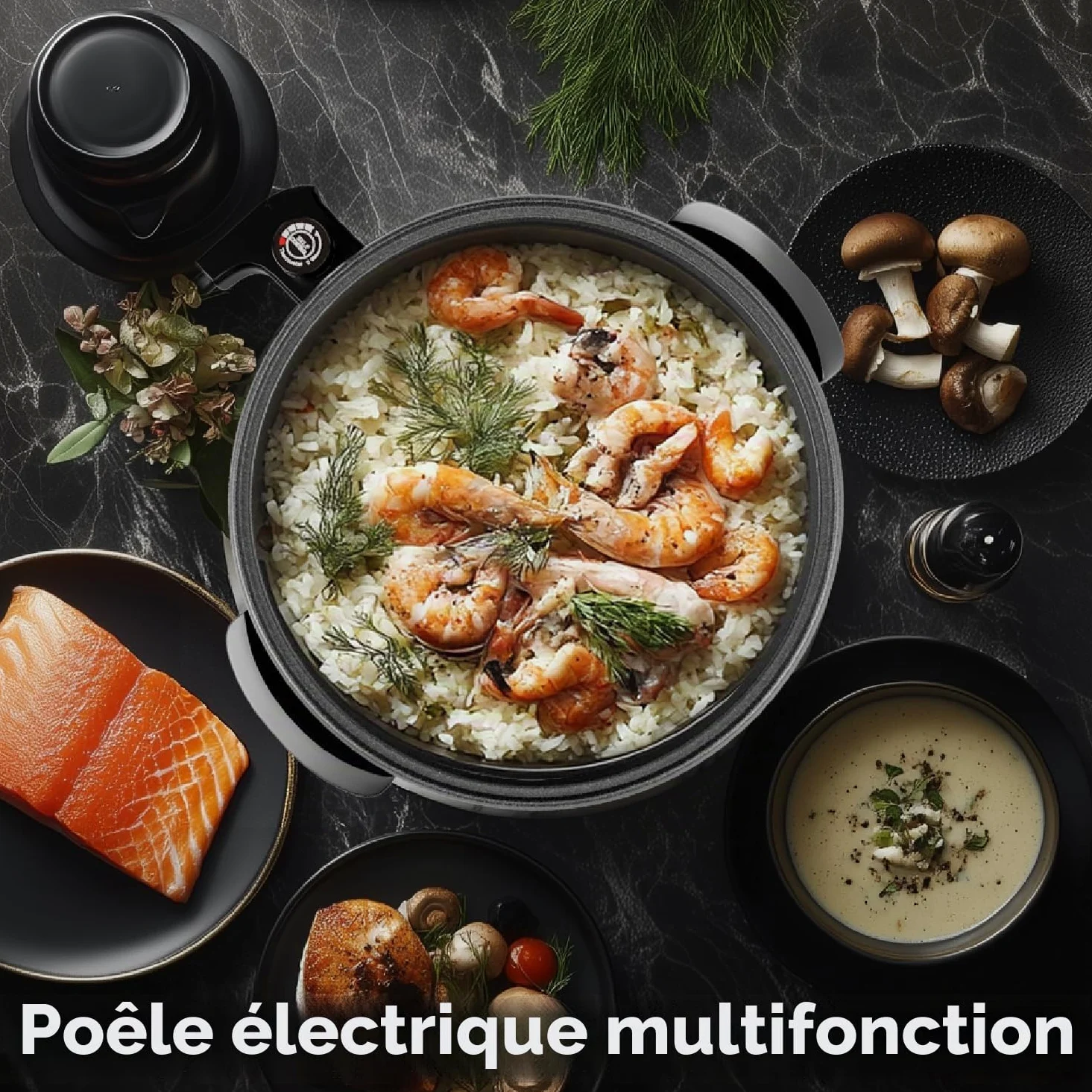 Poêle Multifonctionnelle 30x7 cm, 5,6 Litres Poêle Électrique avec Couvercle 1500W Poêle Électrique à Pizza (42CM)