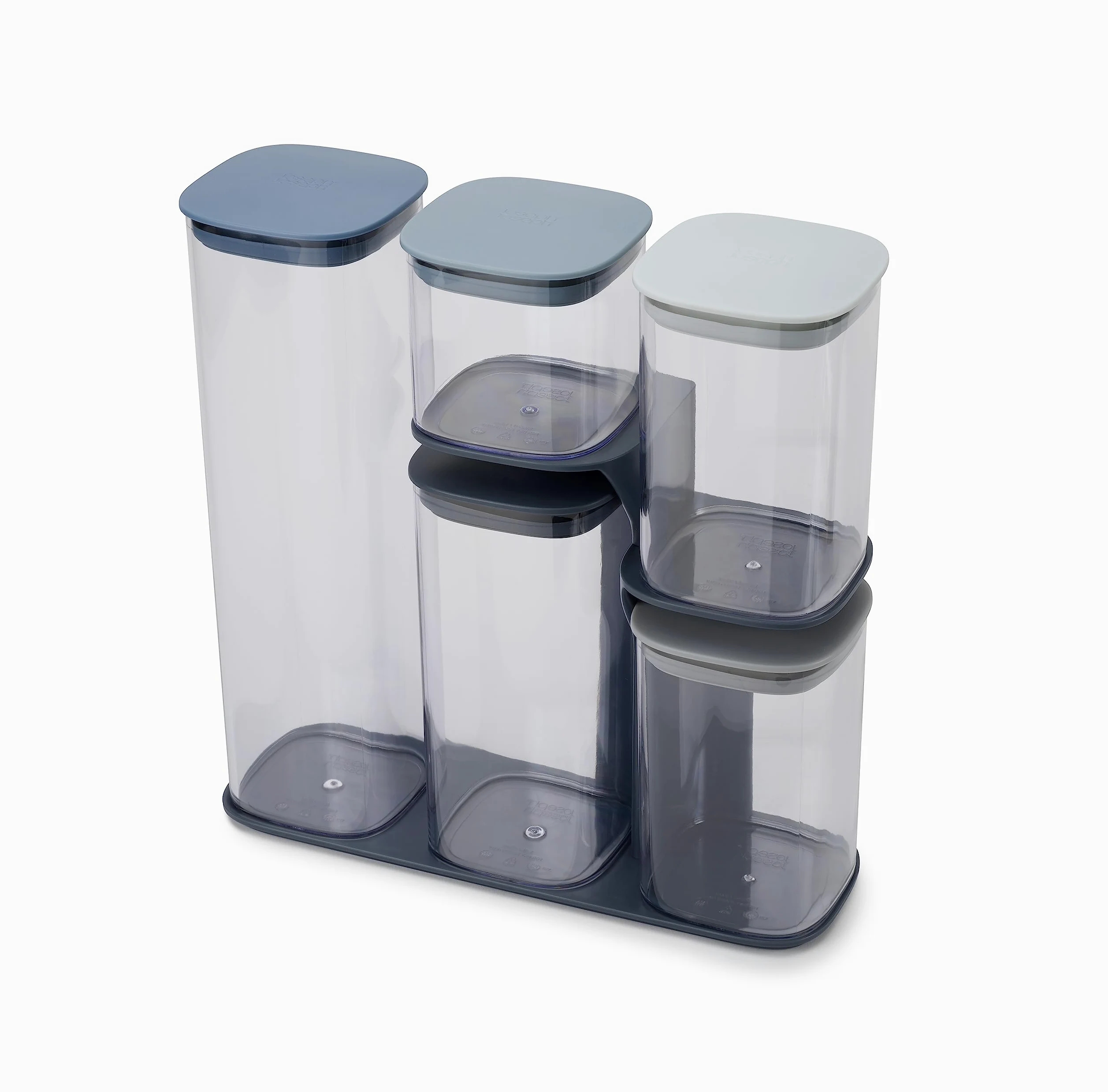 Joseph Joseph Podium Bocaux Hermétiques Lot de 5, Boîtes de Conservation des Aliments Cuisine avec Support et Couvercle, Tranparent/Bleu