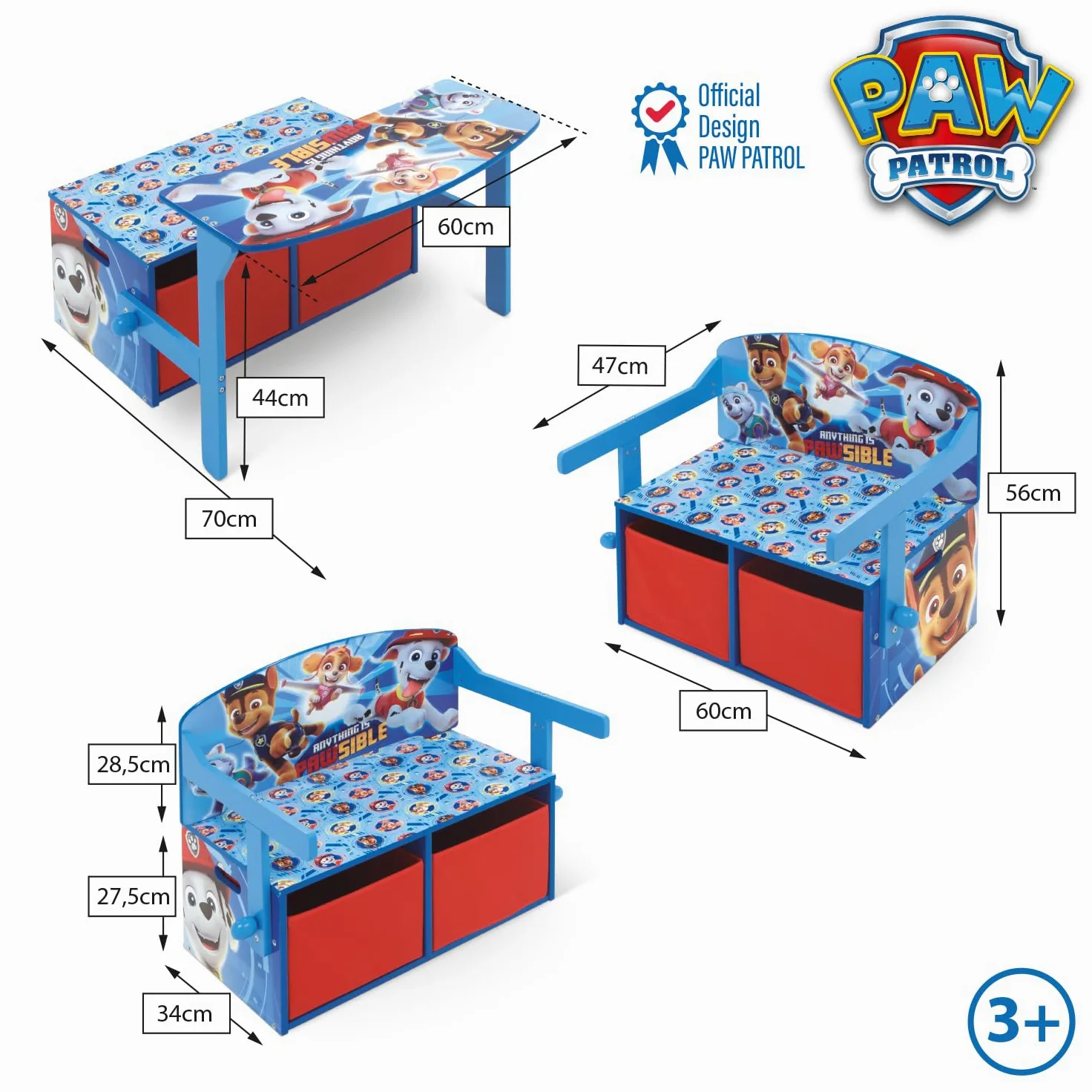 Banc à Jouets 3 en 1 en Bois modèle Paw Patrol