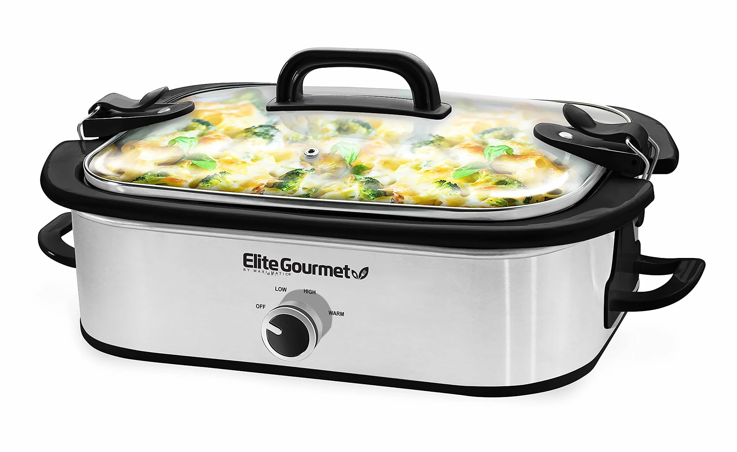 Elite Gourmet MST-5240SS Mijoteuse avec couvercle verrouillable, température réglable, fonction de maintien de la chaleur, passe au four et au lave-vaisselle, contenance 3,3 L, acier inoxydable