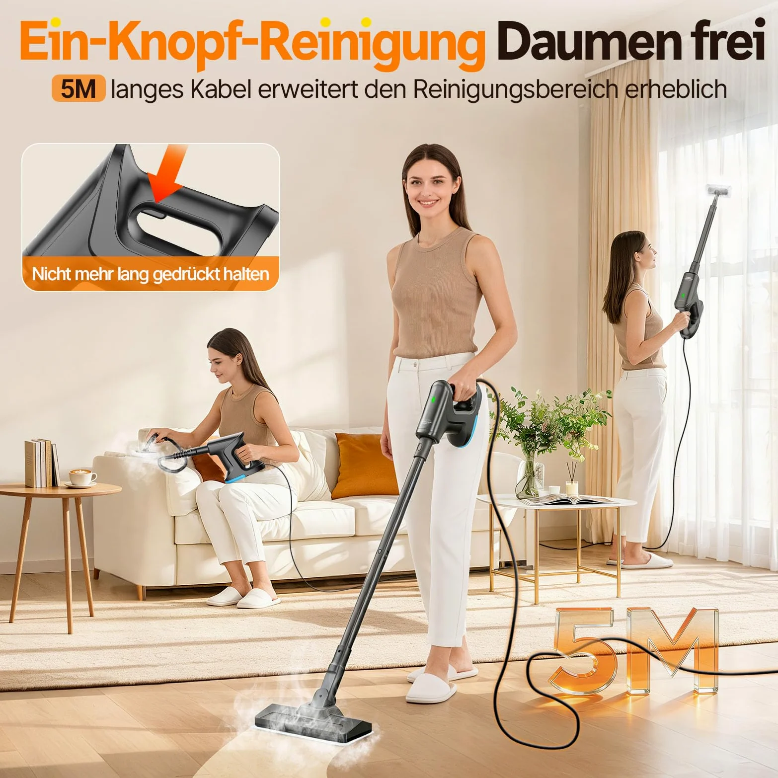 Nettoyeur Vapeur, Balai Vapeur démontable chauffe en 15s, 145℃ nettoyage à la vapeur sans produits chimiques, Steam Cleaner Portable pour Parquets Carrelages Joints Fenêtres Salles de Bains Cuisines