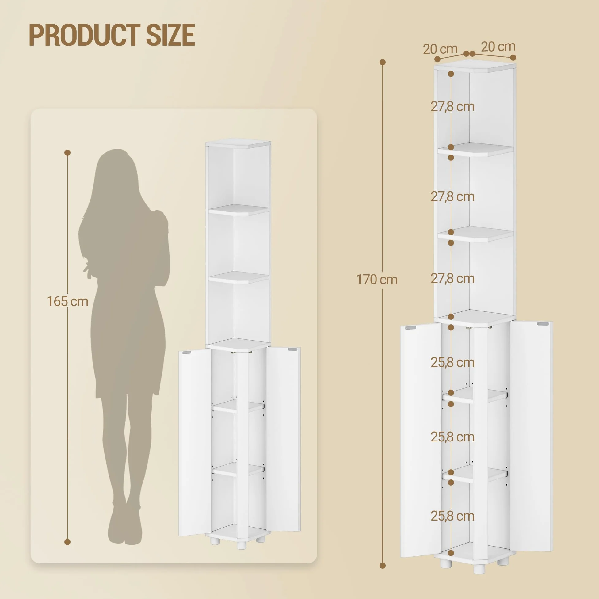 Hzuaneri Meuble de Salle de Bain, Armoire de Salle de Bain d'angle, Armoire de Toilette avec Étagères Réglables, 2 Portes latérales, Meuble Colonne sur Pied, 20 x 20 x 170 cm, weiß BC30003X