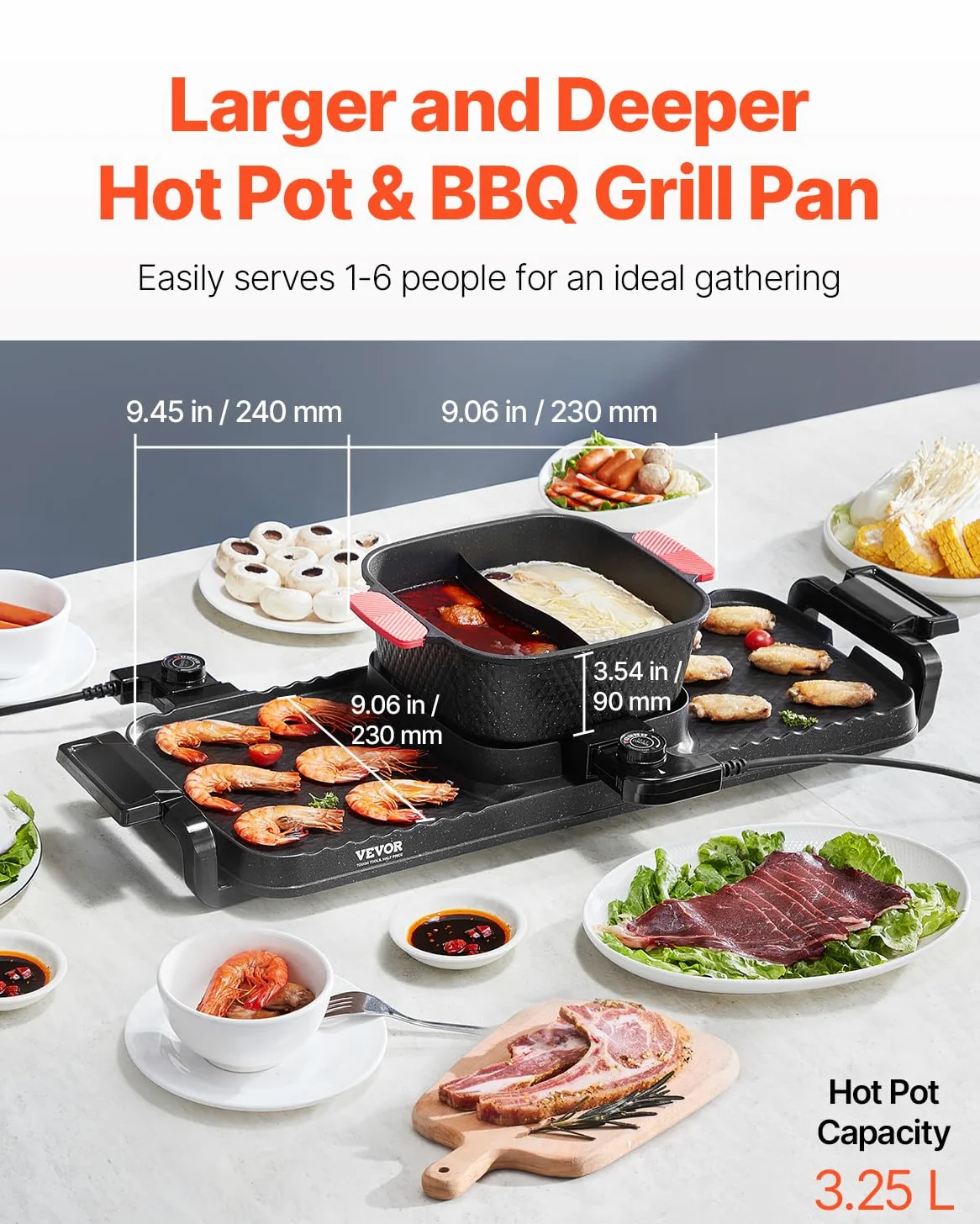 VEVOR Appareil à Fondue Chinoise Shabu Shabu avec Gril 2-en-1, Grill Électrique sans Fumée 2300 W, avec Marmite Amovible Antiadhésive, Double Contrôle de Température Séparé, Dîner en Famille