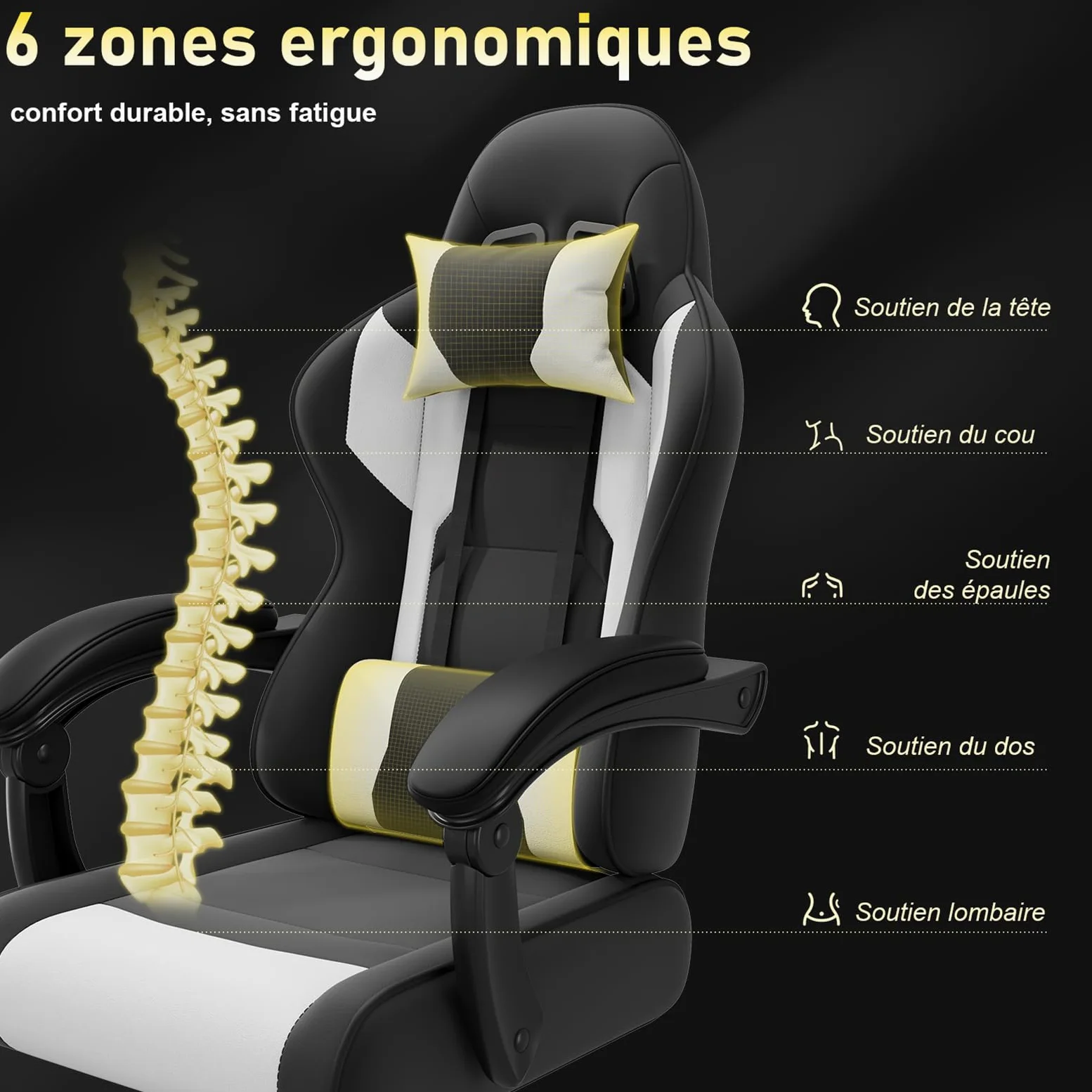 JUMMICO Chaise Gaming avec Massage Lombaire, Chaise Bureau Ergonomique avec Dossier Inclinable, Fauteuil Gaming avec Assise Douce et Résistante, Idéale pour Jeux et Boulot, Blanc
