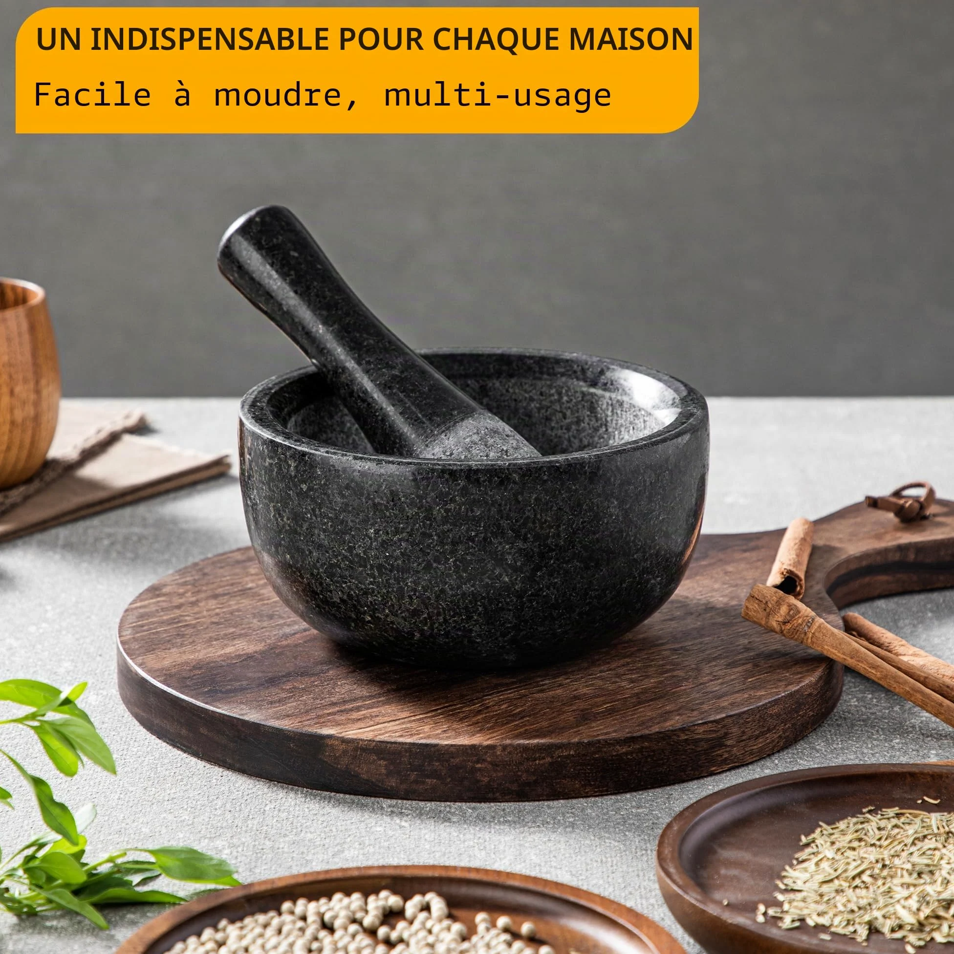 Velaze Mortier et Pilon Cuisine en Granit, pour Epices et Herbes, Diamètre de 16cm, Emsemble de Mortier, Poli Pierre Naturelle