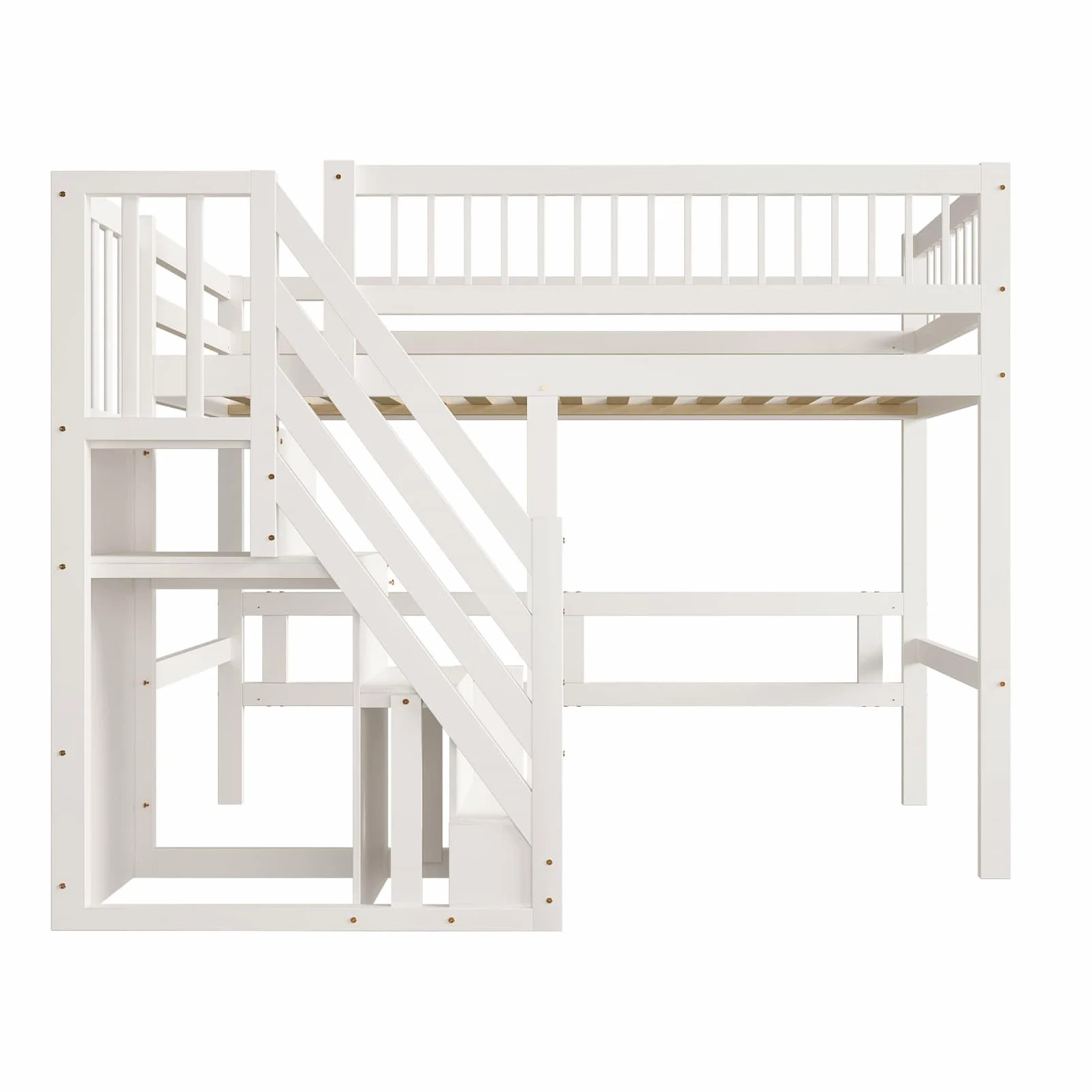 PUGSDRLY Lit Mezzanine 1 Place,Lit Mezzanine Enfant 90x200cm avec Escalier de Rangement et Petite Armoire,pour Adolescent,Design de Clôture Haute,Cadre de Bois Massif (Blanc-A, 90x200)