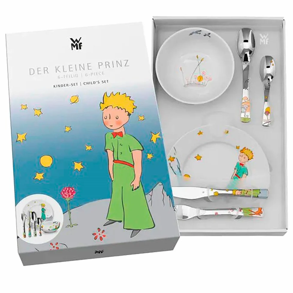 regalo grabado Couverts Enfant Personnalisés Petit Prince +3 Ans | Coffret 6 couverts et vaisselle enfant en acier inox et porcelaine, Gravure prénom et date, Adapté aux plus de 3 ans