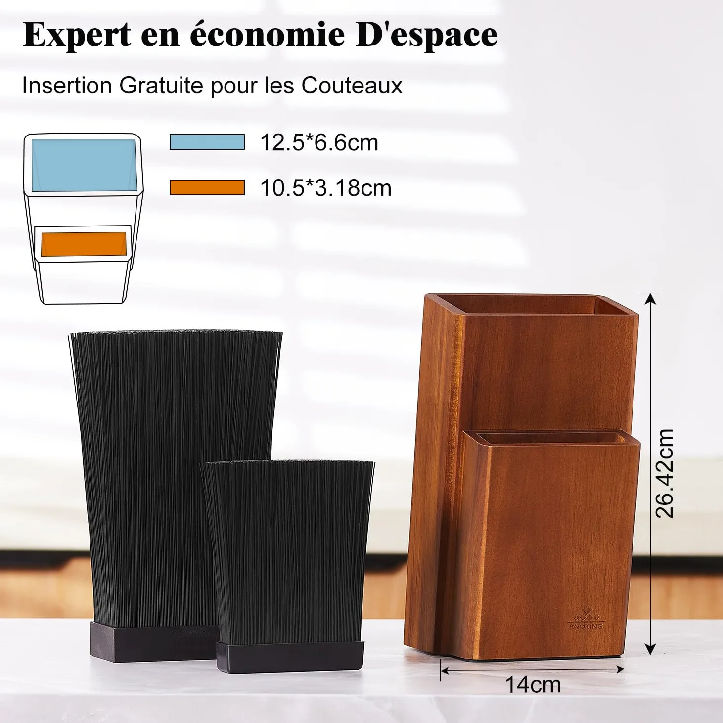 ENOKING Bloc Couteaux Cuisine, Porte Couteaux de Cuisine en Bois d'acacia, Range Couteaux de Cuisine avec poils en plastique Amovibles, Universel Support Couteau de Cuisine