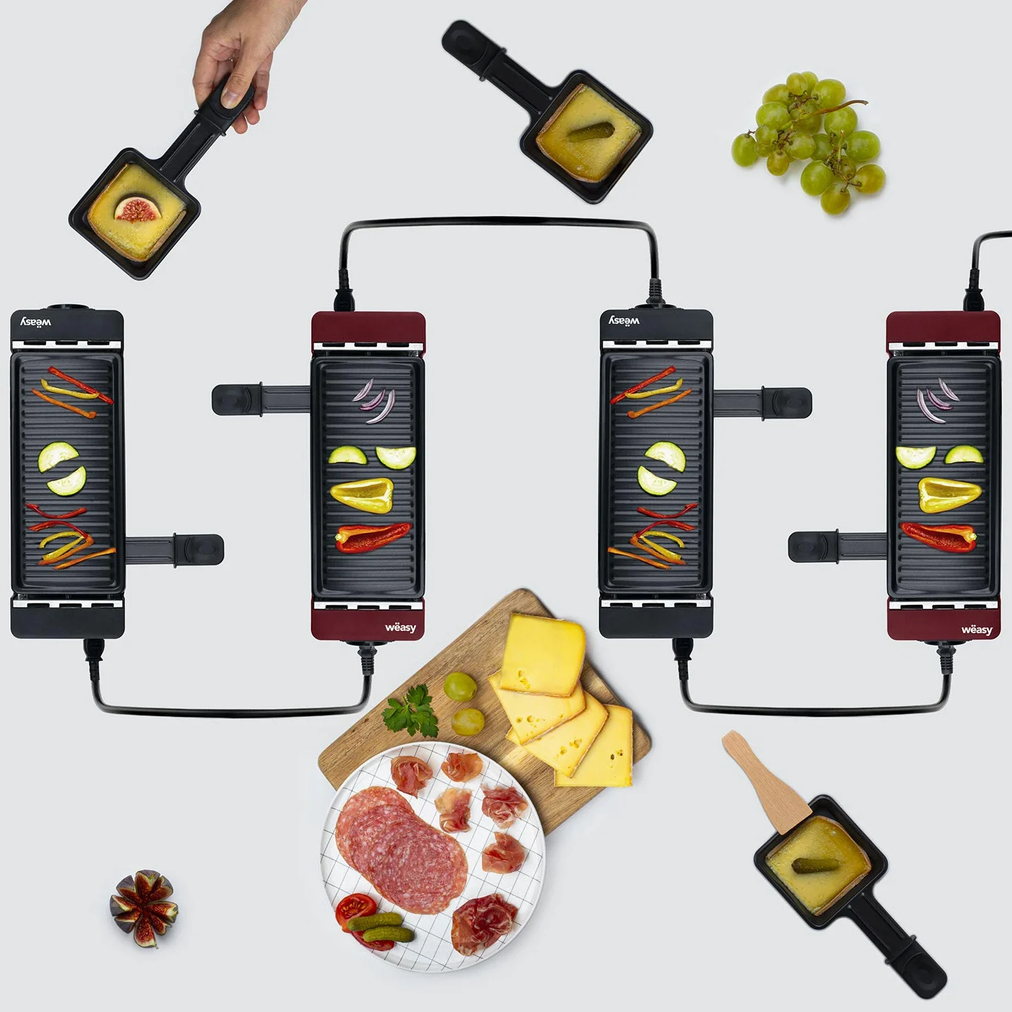 Wëasy Appareil à Raclette 2 Personnes TIK12, Multifonction 2 en 1 Raclette et Grill, Connectable avec TAK12 et Jusqu'à 4 Appareils, Antiadhésif, Noir