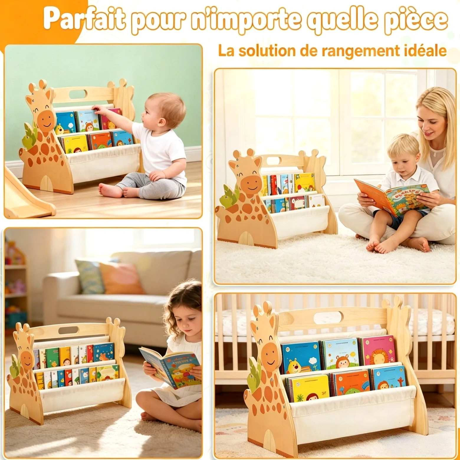Bibliothèque Montessori Bois pour Enfant 43x34x28,3cm Bibliothèque Enfant Double Face Quatre Couches avec Poignée Rangement Livre Enfant 3-8 Ans Aménagement Open Bords Arrondis pour Chambres écoles
