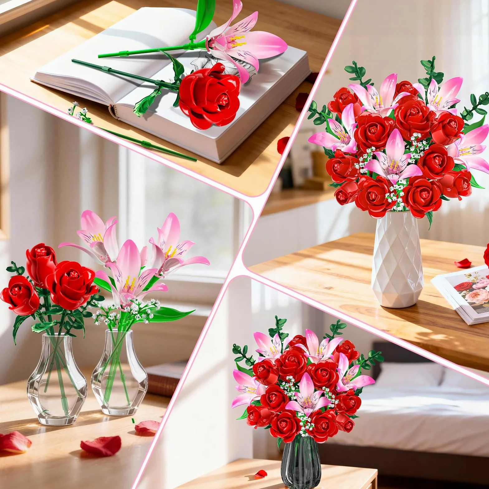 CUBIMANA Kit de Bouquet Fleurs avec LED - Roses Rouges et alstroemères Roses, Collection botanique 22 Fleurs artificielles, décoration Plante intérieure, Cadeau pour Femmes/Adultes