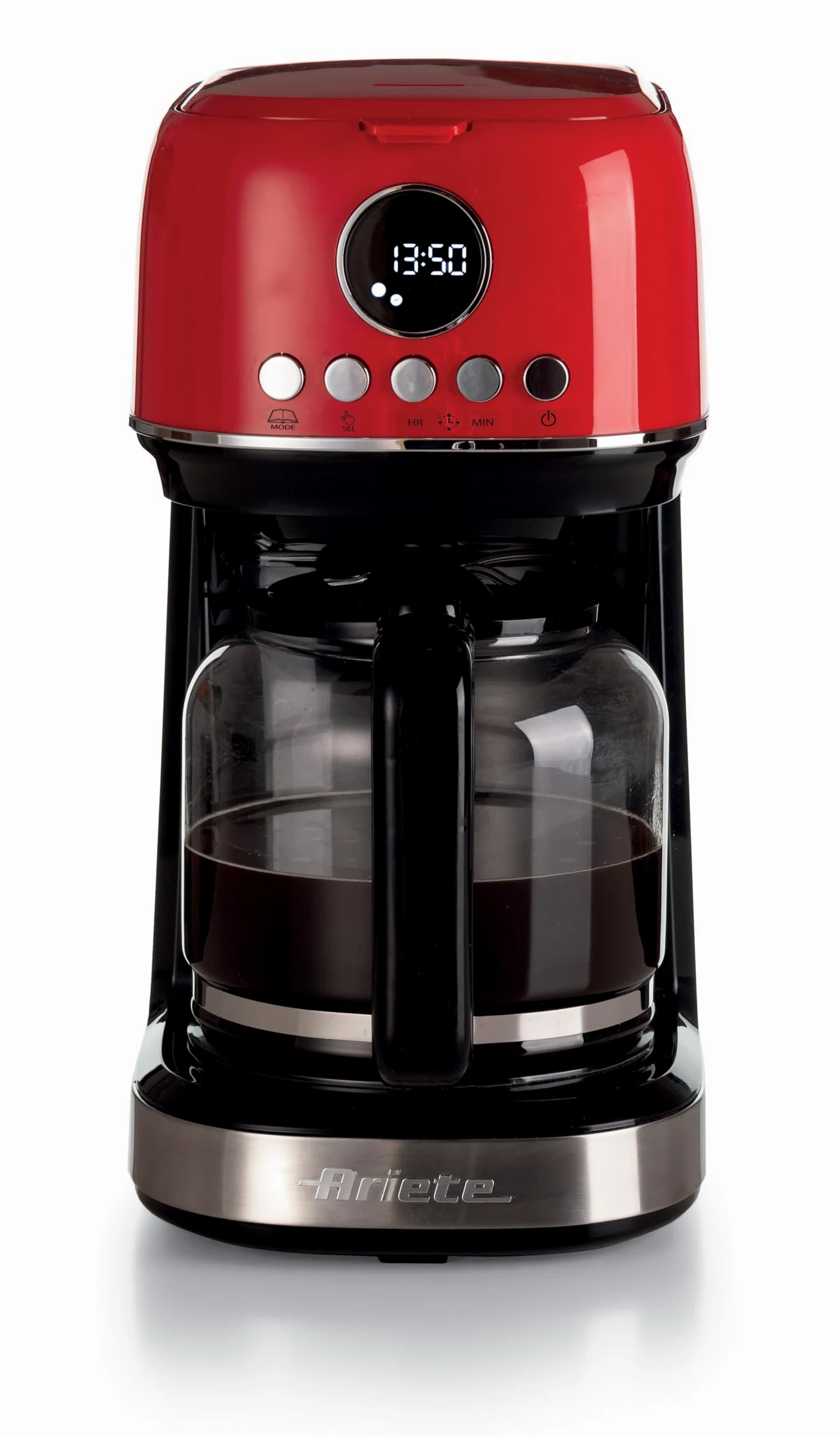 Ariete, Moderna 1396 Cafetière Filtre, Préparez Jusqu'à 15 Tasses de Café Américain, Carafe en Verre Trempé, Base Chauffante, Écran LCD, Filtres Amovibles et Lavables, Rouge