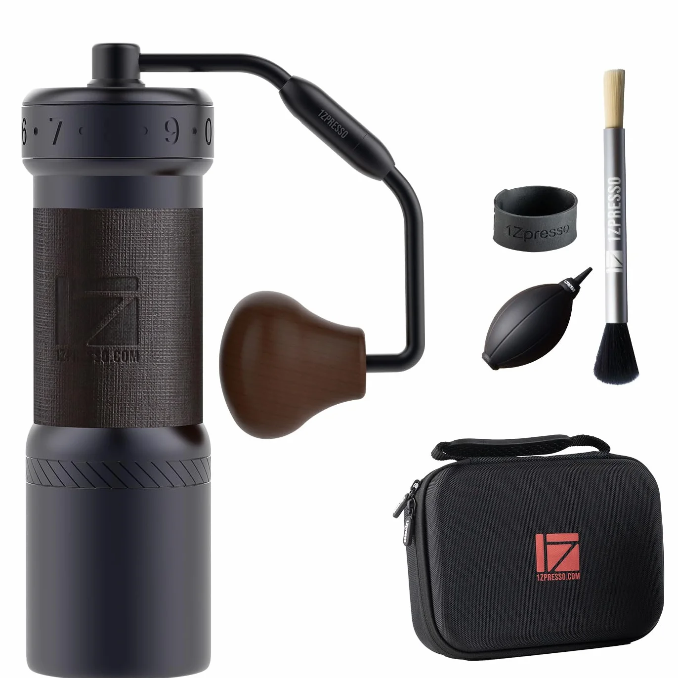1Zpresso K-Ultra Moulin à café manuel gris fer avec étui de transport, meulage cohérent de l'assemblage Fraise conique en acier inoxydable, poignée pliable, réglage numérique externe réglable, moulin